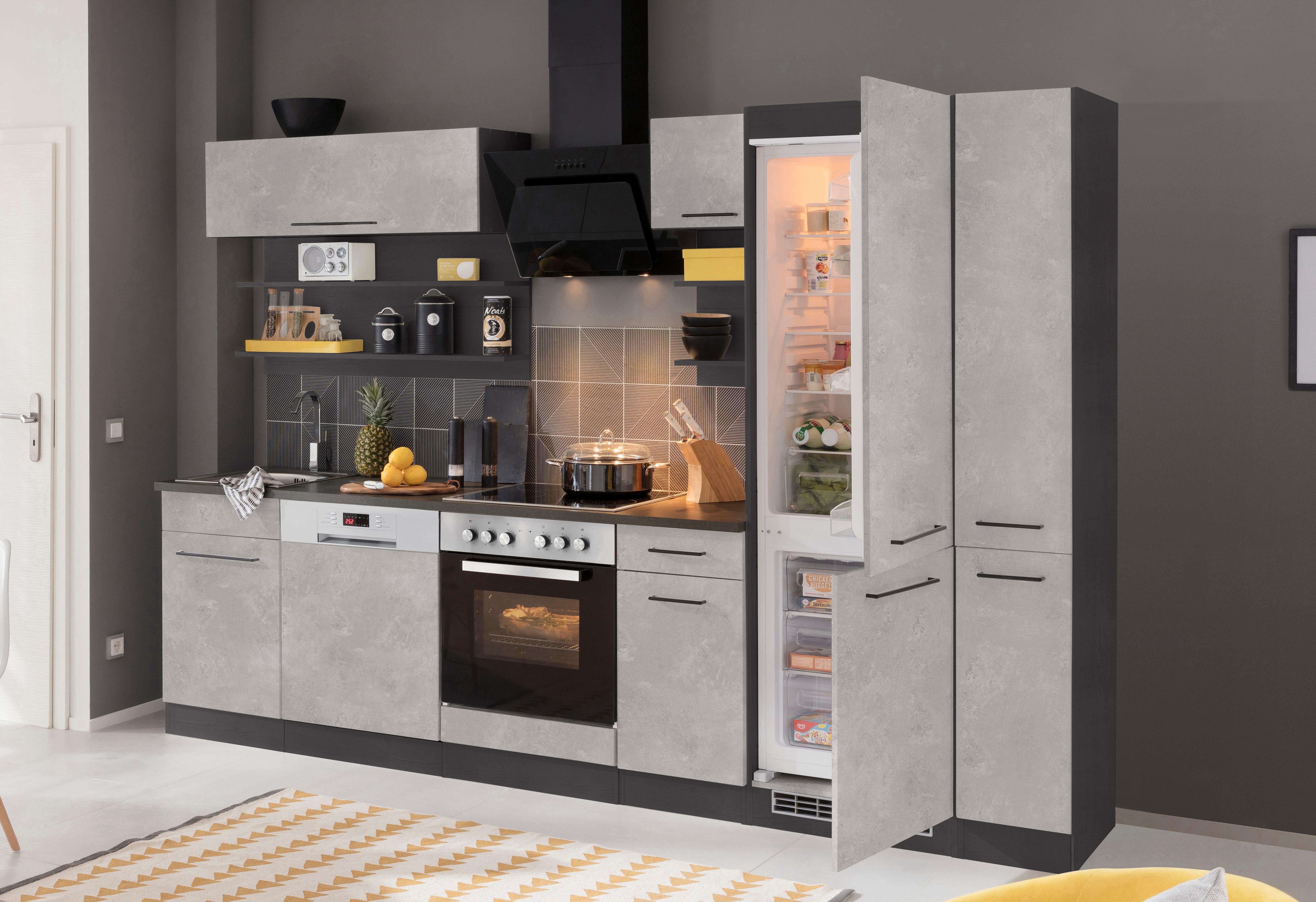 HELD MÖBEL Küchenzeile Tulsa, mit E-Geräten, Breite 300 cm, schwarze Metallgriffe, MDF Fronten