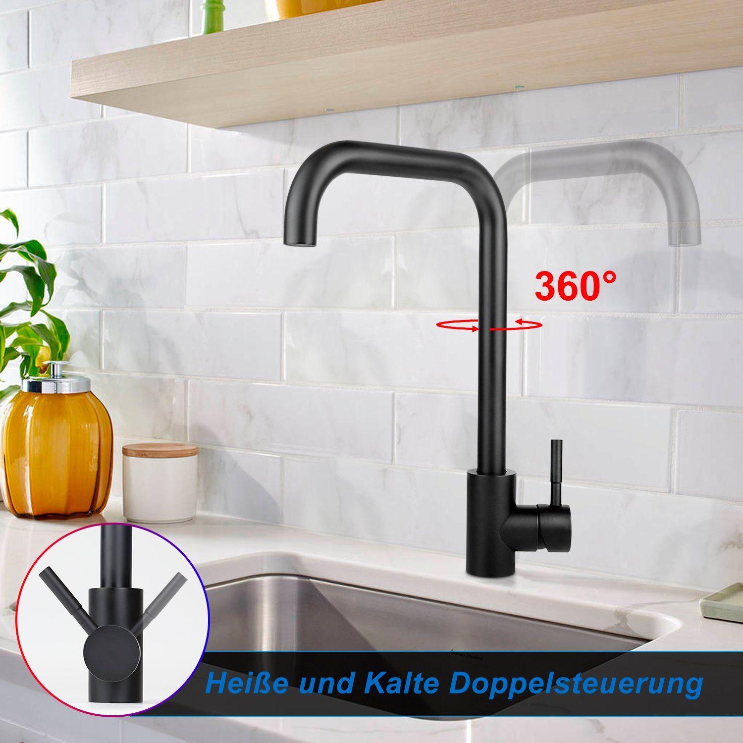 ZMH Waschtischarmatur 3 Stile Edelstahl Mischbatterie 360° Schwenkbar für Küche, Schwarz-Sieben-Förmig