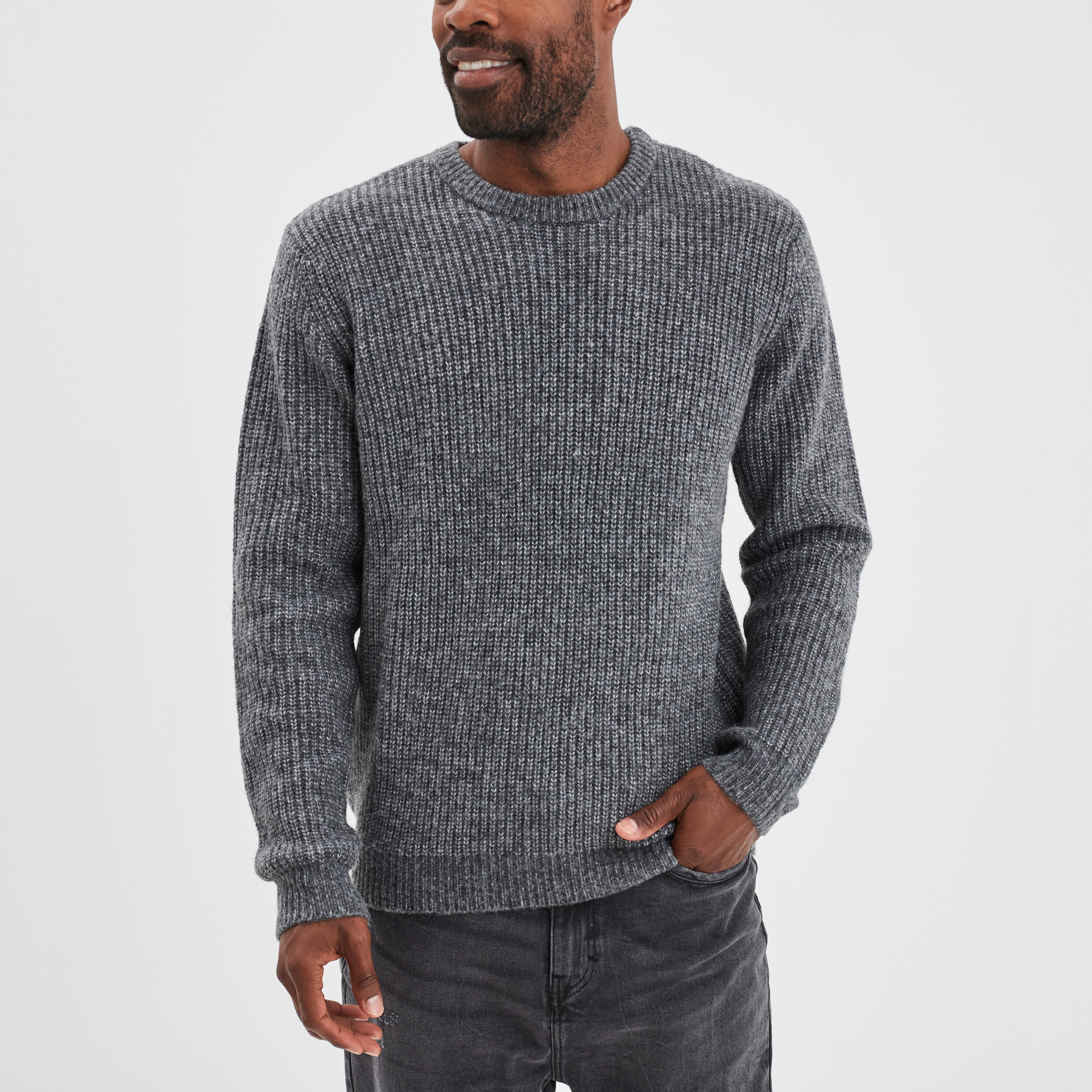 Pull col rond manches longues gris foncé homme | La Halle