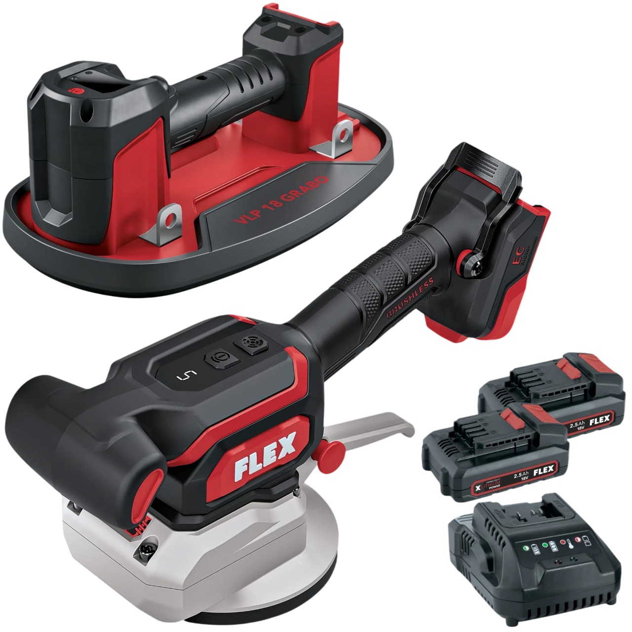 „Flex-tools 535929 VLP 18.0 C & TV 18-EC C“ belaidis dulkių siurblys 18 V „Grabo“ + belaidis plytelių vibratorius 18 V komplektas su 2,5 Ah baterija ir įkrovikliu dėžutėje