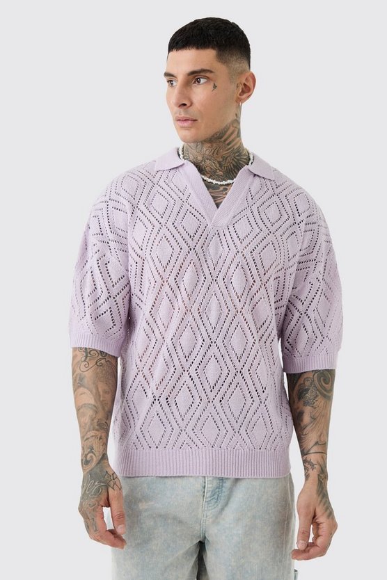 Tall kurzärmliges kastiges Strick-Poloshirt in Ecru