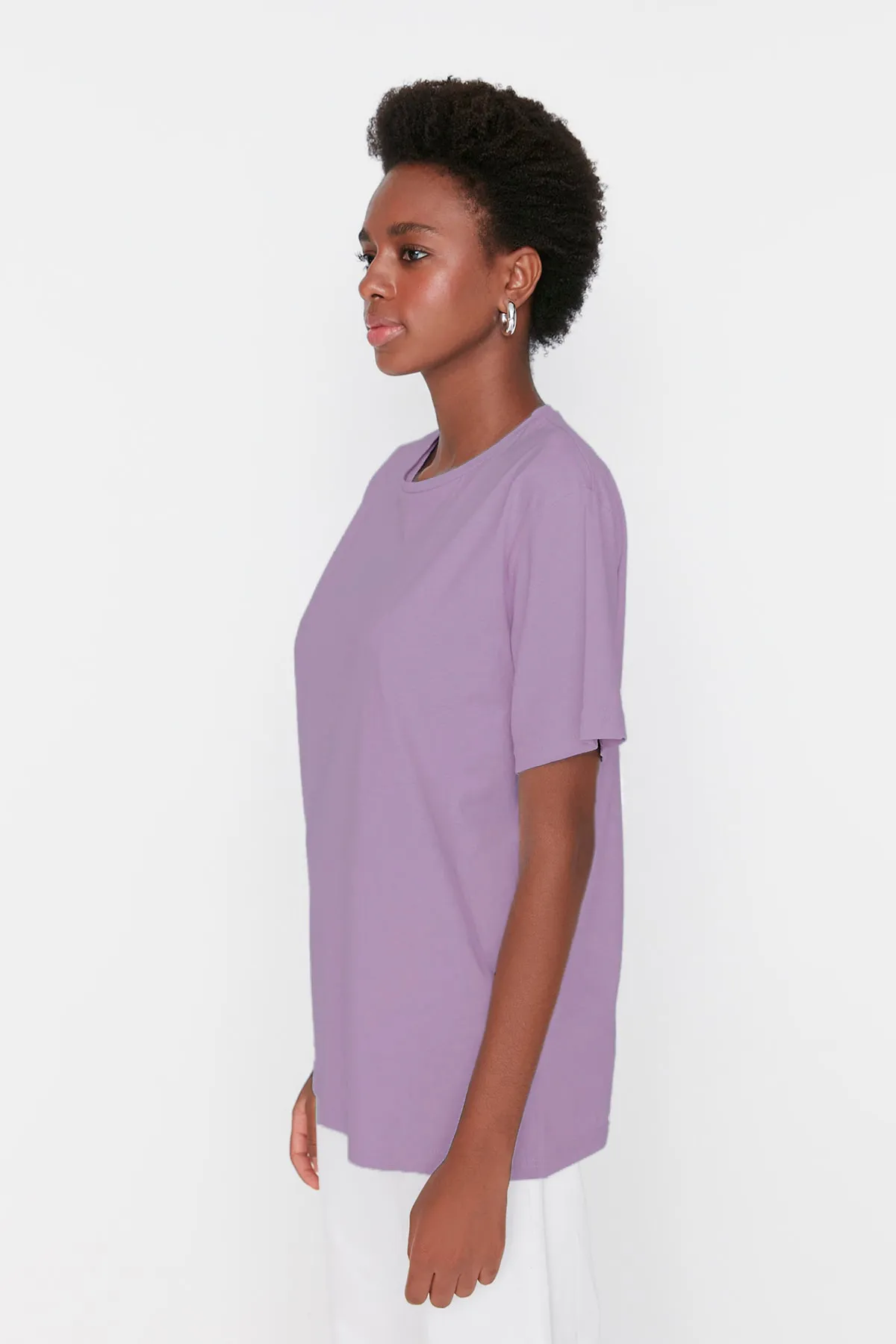 Trendyol Collection  Lila, 100 % Baumwolle, Oversize/Weitform, Rundhals-Strick-T-Shirt TWOSS20TS0134