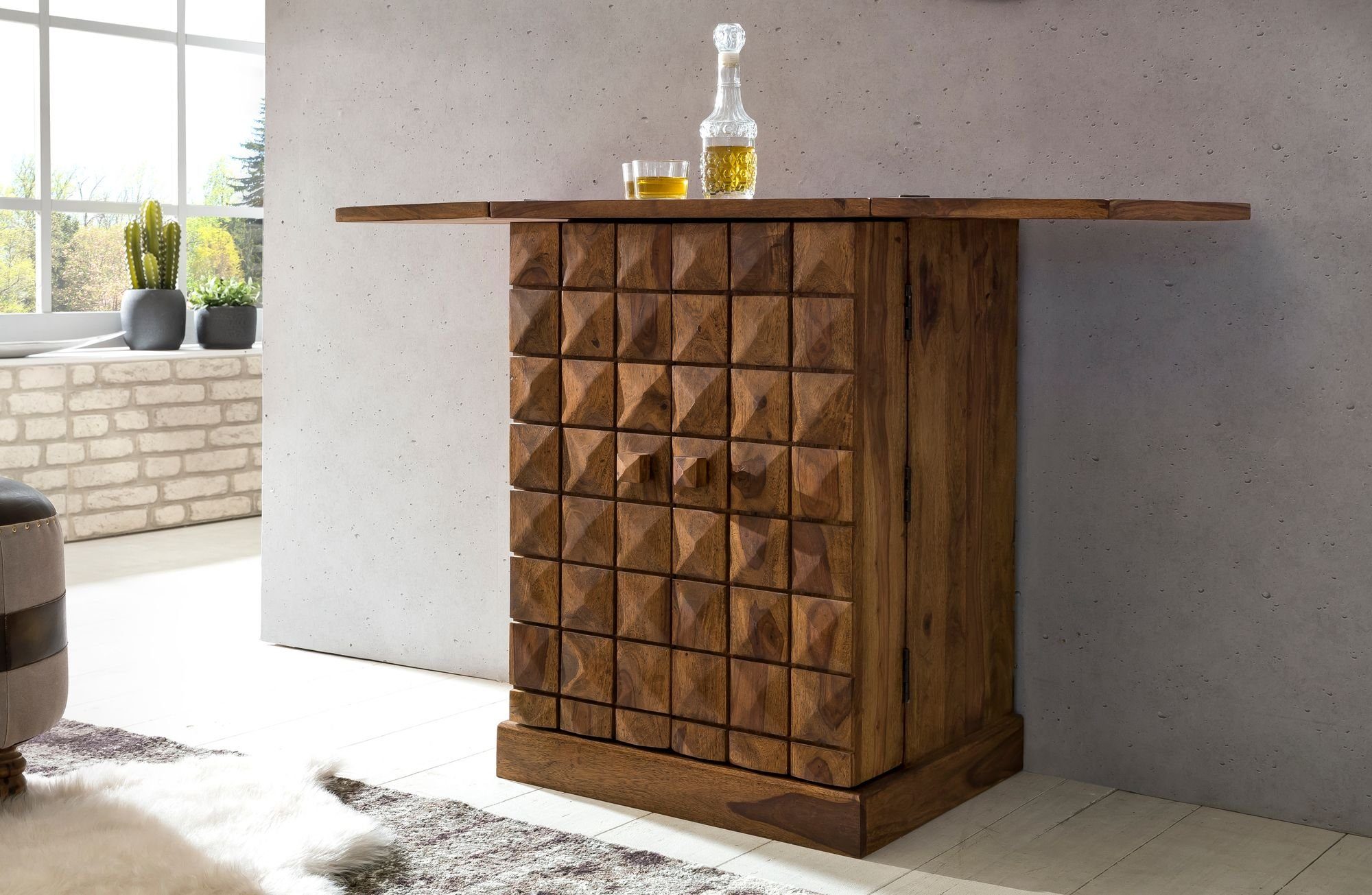 KADIMA DESIGN Barschrank Hausbar Massivholz Sheesham Vitrine ausklappbar