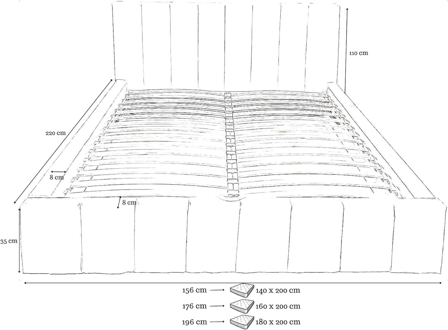 MOEBLO Polsterbett Bett 01 (Doppelbett mit Kopfstütze, Rahmenbettgestell, mit Bettkasten und Lattenrost), gepolstertes Kopfteil, mit Bettkasten, mit Lattenrost