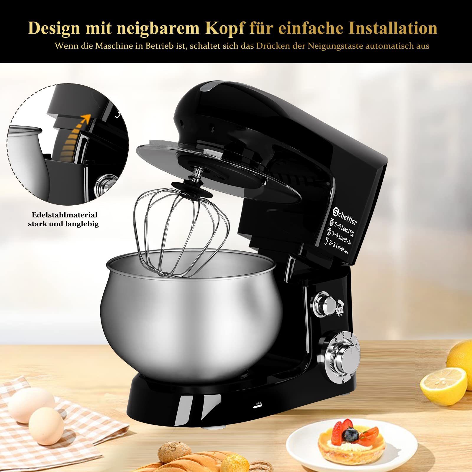 Scheffler Küchenmaschine 5L Edelstahlschüssel Knetmaschine mit 6 Geschwindigkeitsstufen, 2000,00 W, 5,00 l Schüssel, Teigmaschine mit Rührbesen, Knethaken, Schläger und Spritzschutz