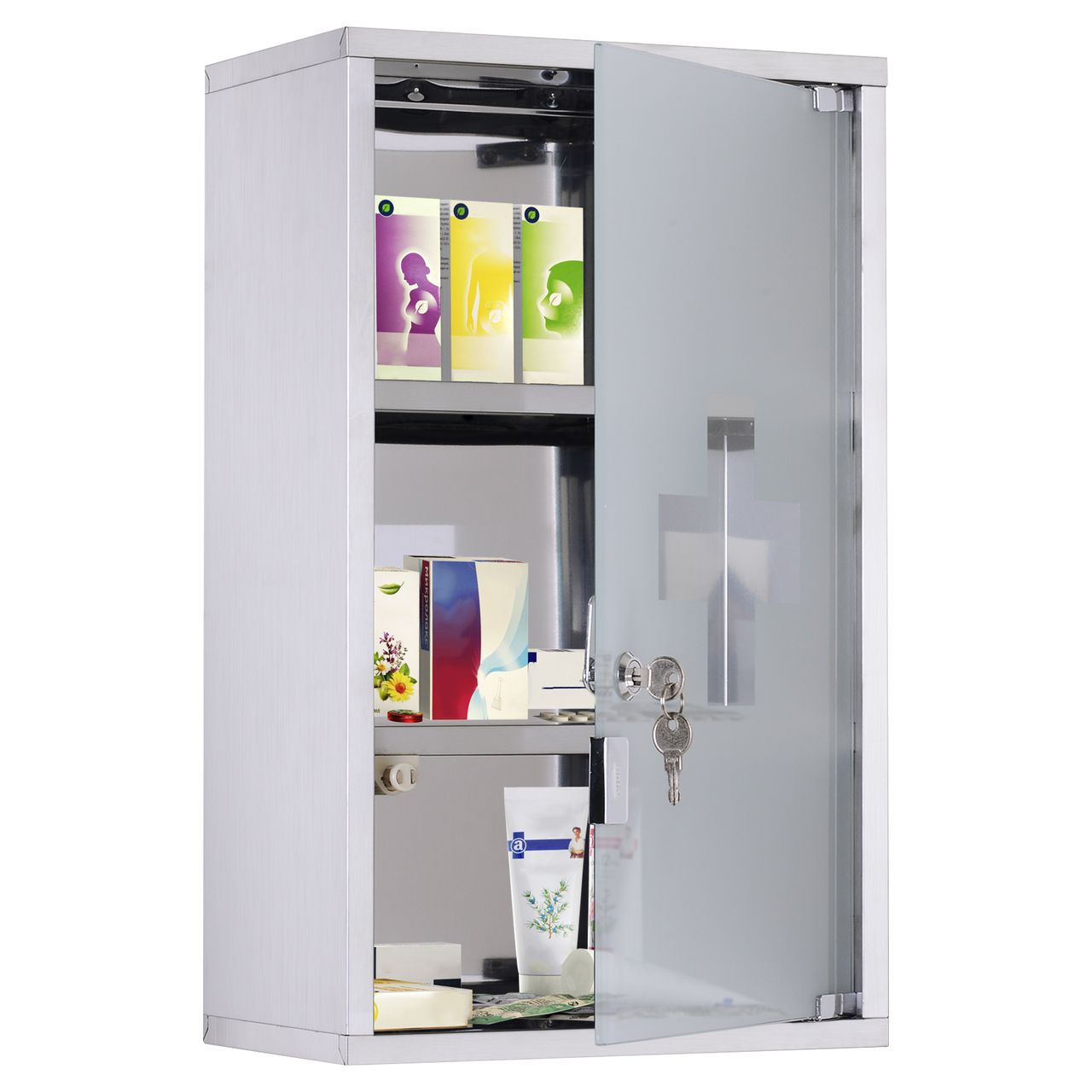 HOMCOM Medizinschrank Arzneischrank Erste Hilfe Schrank mit Schloss Edelstahl 30 x 18 x 50 cm