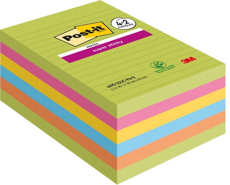 Post-it Super Sticky Haftnotizen 101 x 152 mm Farbig Sortiert Rechteckig Liniert 90 Blatt Vorteilspackung 4   2 Gratis
