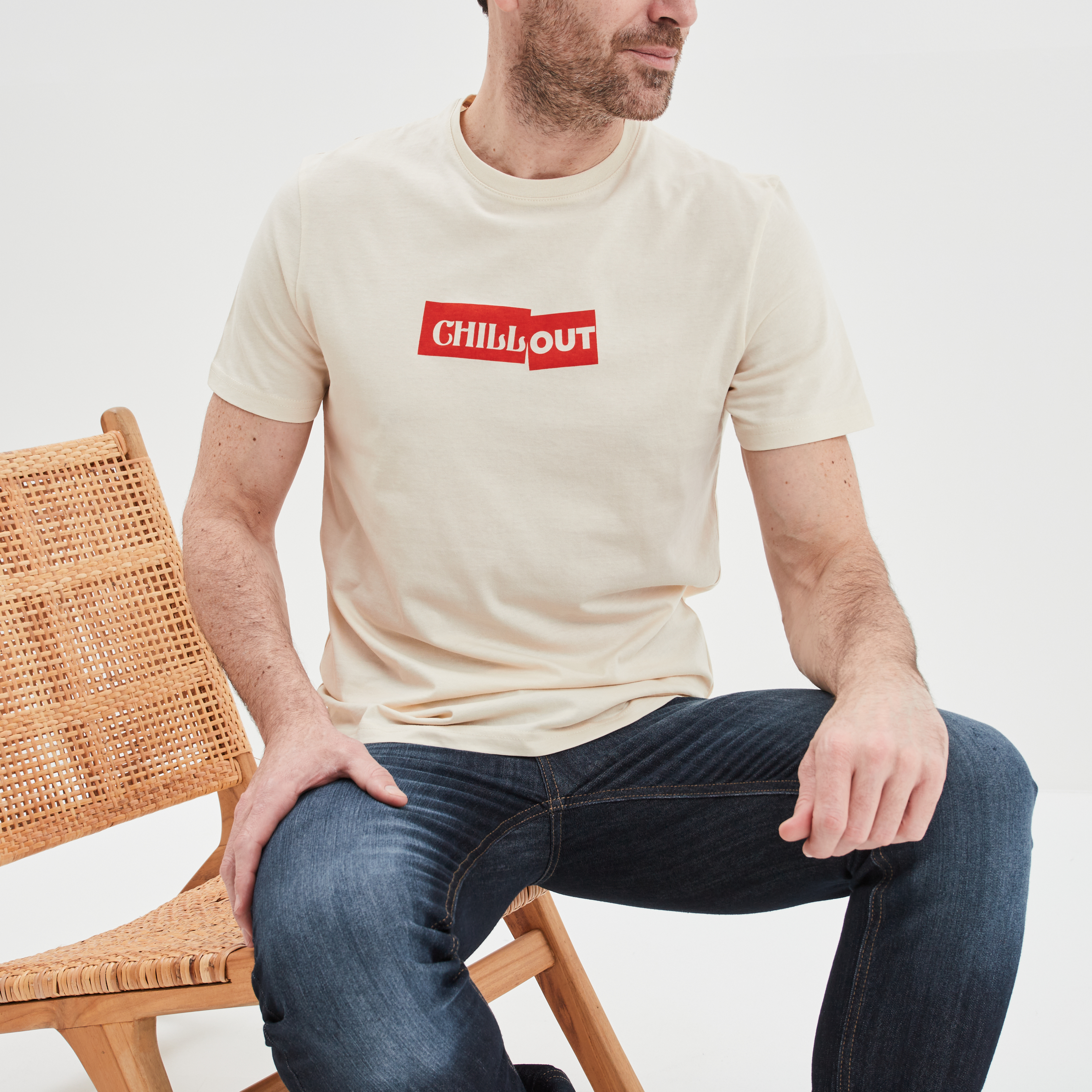 T-shirt col rond manches courtes coton ecru homme | La Halle