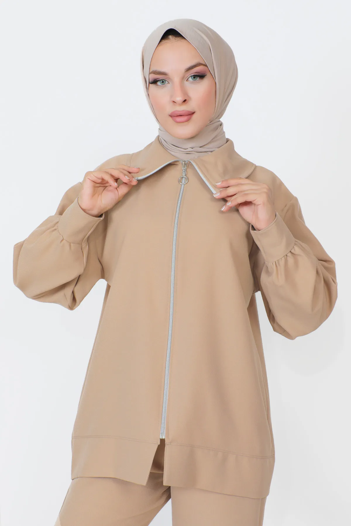 Tesettür Dünyası  Doppelanzug mit Reißverschluss TSD230905 Beige