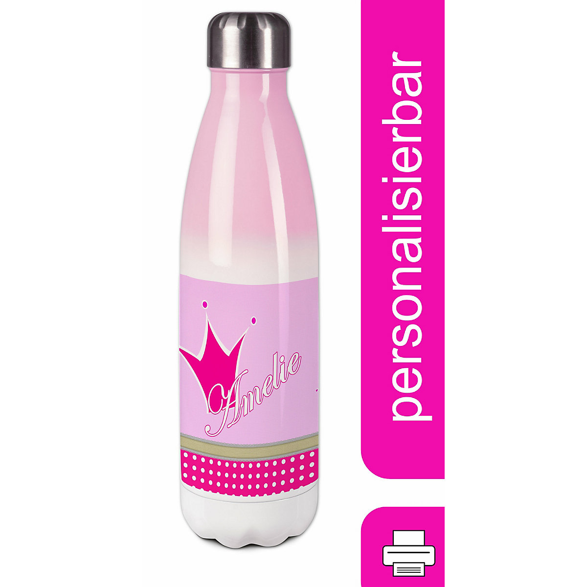 Edelstahl Kinder Thermoflasche / Trinkflasche bunt Krone Farbe pink Spülmaschinenfest, Auslaufsicher, Bruchfest, Doppelwandig, Für Heißgetränke geeignet, Mit Deckel, Isoliert