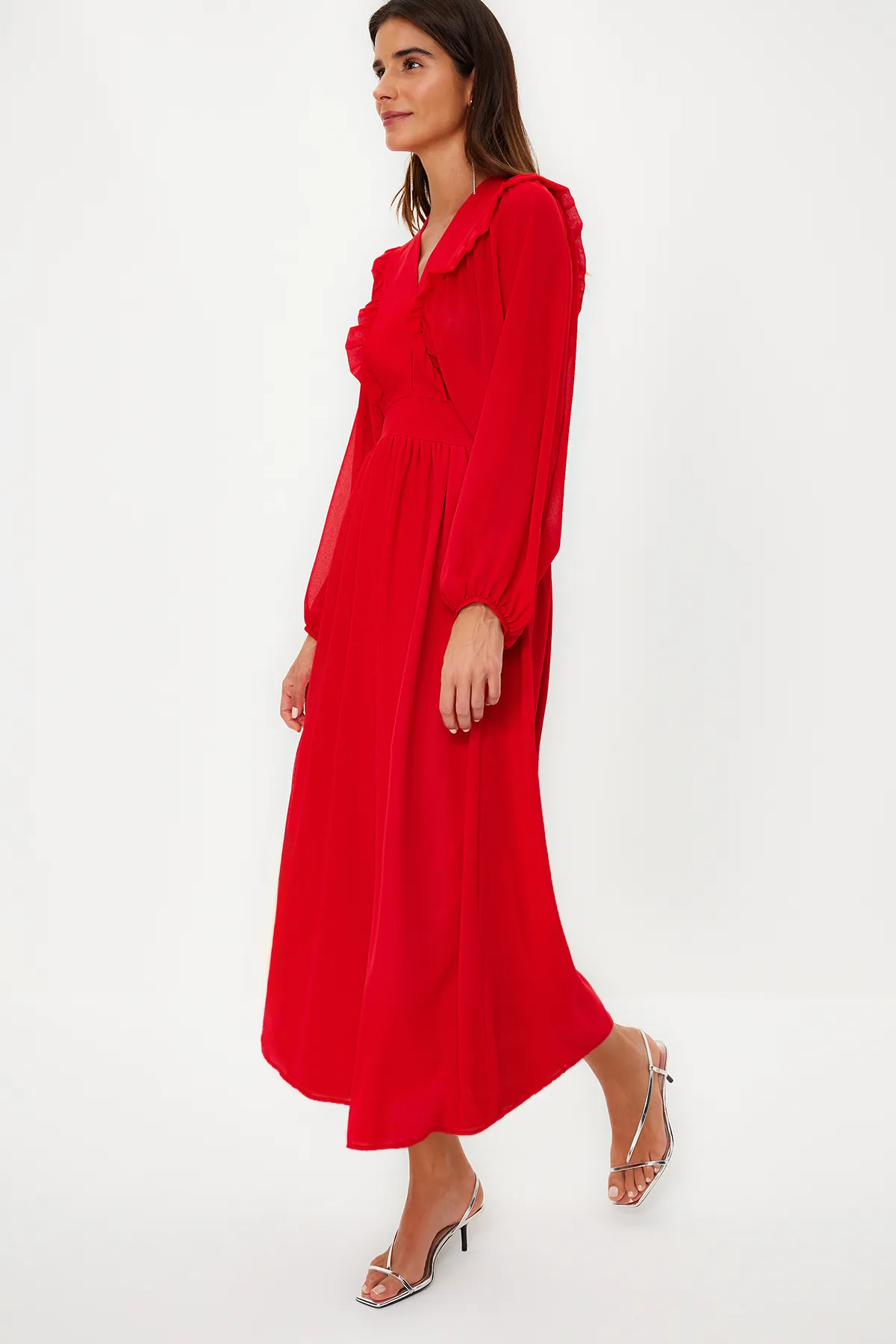 Trendyol Modest  Rotes, minimal gemustertes, mit Chiffon gefüttertes Webkleid TCTSS24EB00035