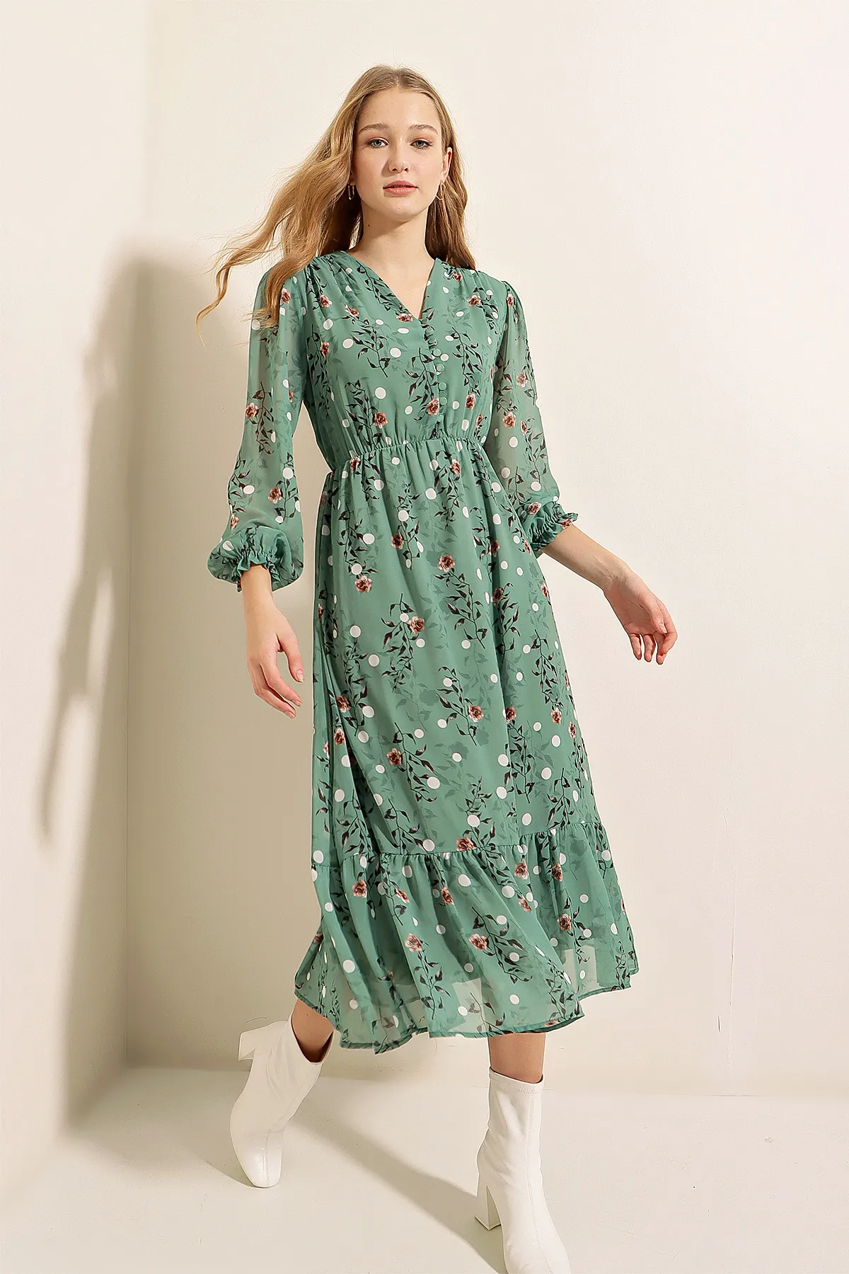 Bigdart  2137 Gemustertes Chiffonkleid - Çağla