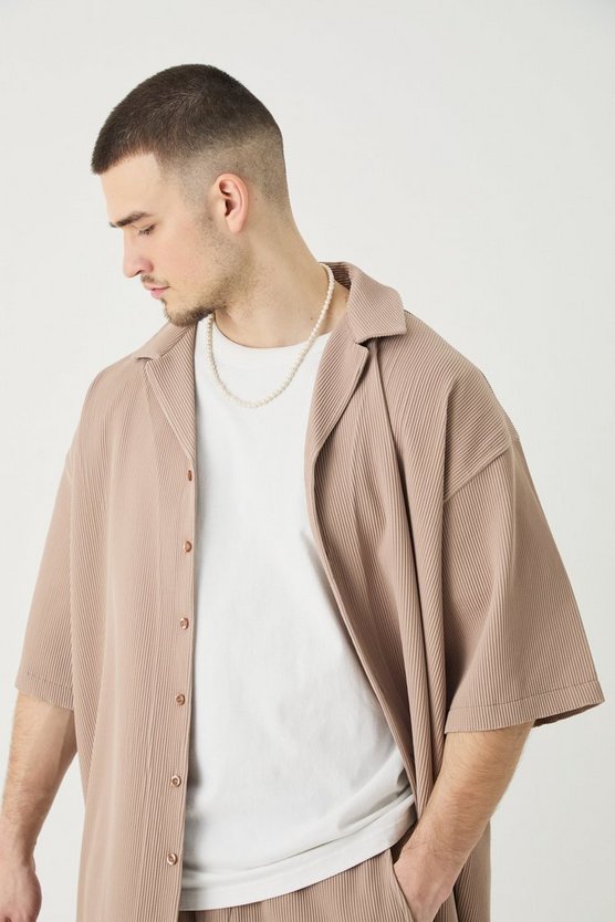Tall Short Sleeve Oversized Revere Pleated Shirt