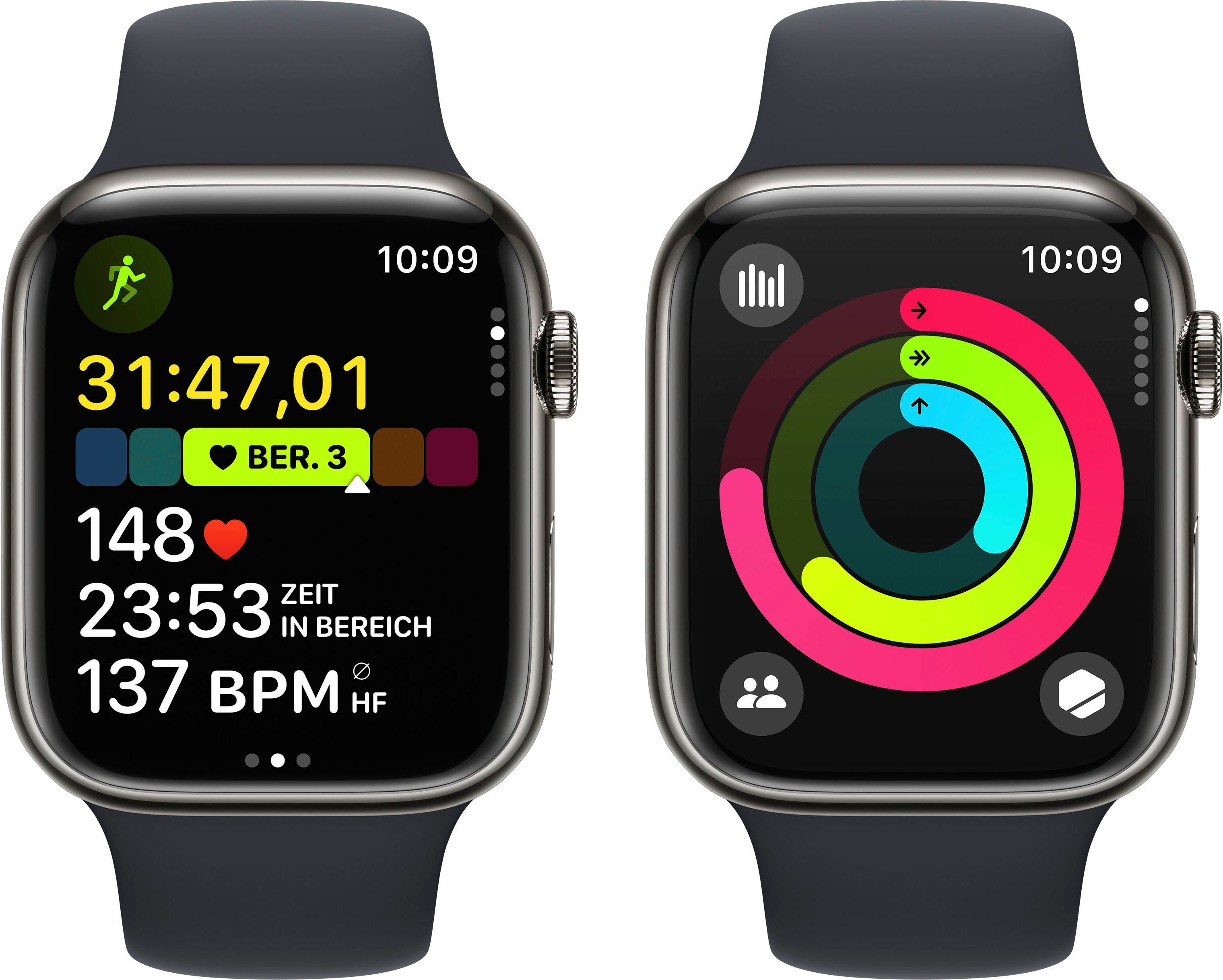 Apple Watch Series 9 GPS + Cellular Stainless Steel 45mm M/L Smartwatch (4,5 cm/1,77 Zoll, Watch OS 10), Sport Band
