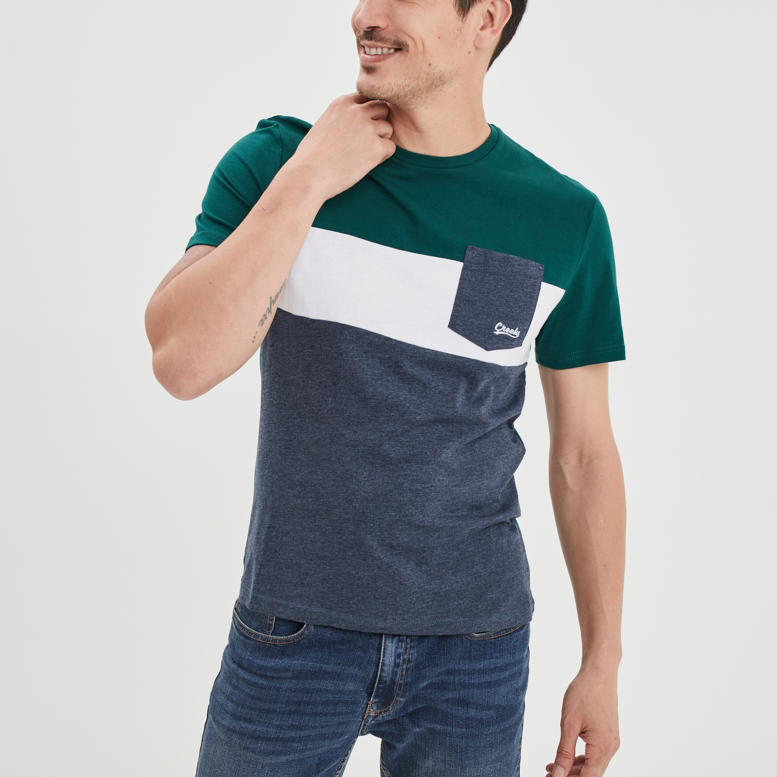 T-shirt droit 1 poche buste coton Creeks vert foncé homme | La Halle