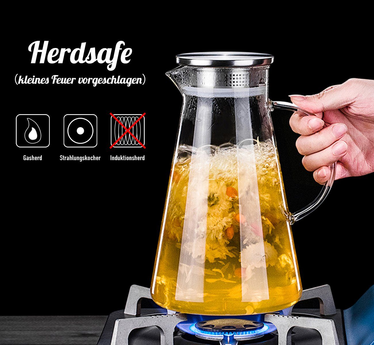Homewit Wasserkaraffe 2,2L Glas Wasserkaraffe Wasserkrug Kühlkaraffe Glaskaraffe mit Edelstahl Filter, (Set, 1-tlg., 2.2 L), für die Zubereitung und Servierung von heißen oder kalten Getränken