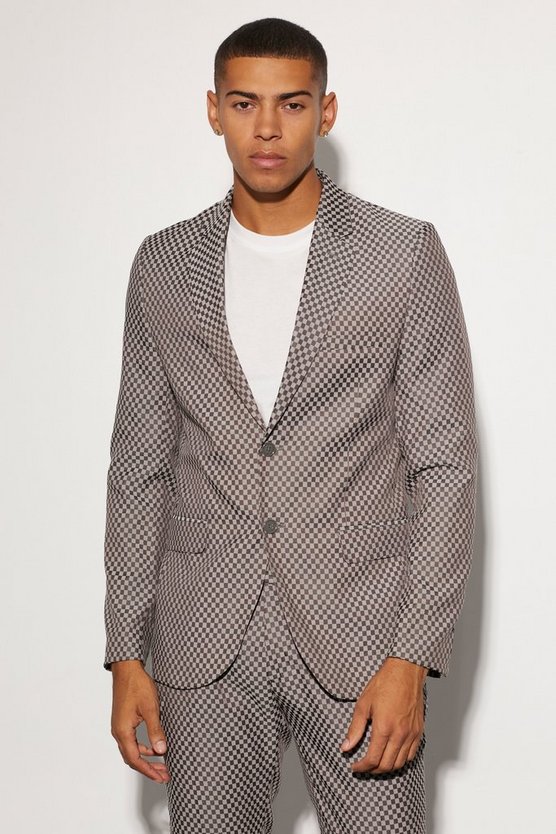Einreihige Slim-Fit Anzugjacke mit Schachbrett-Print