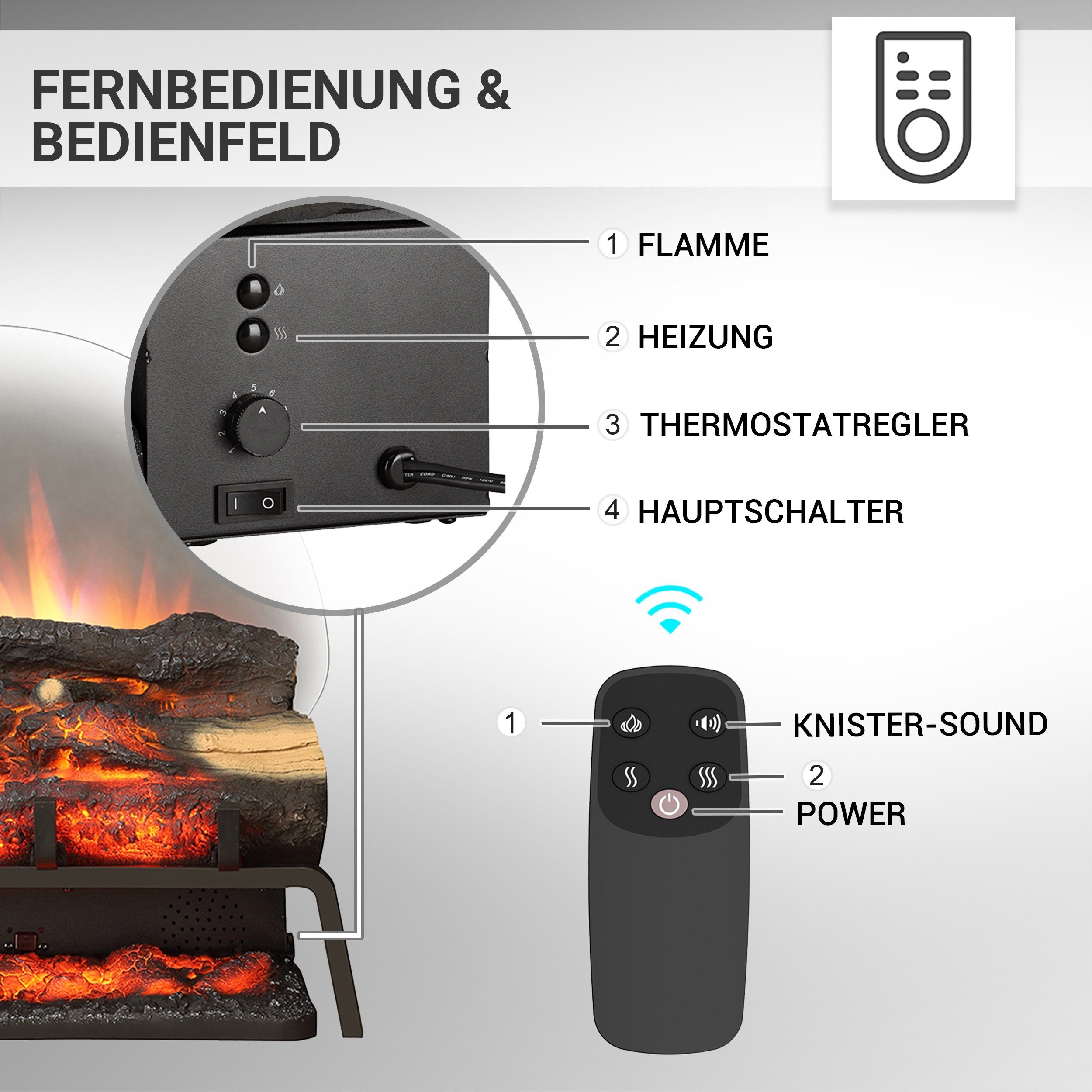 Balderia Elektrokamin Lily, Kamineinsatz mit Heizung 1500W, 3D-Flammeneffekt, LED-Beleuchtung, Fernbedienung, Kanister-Sound