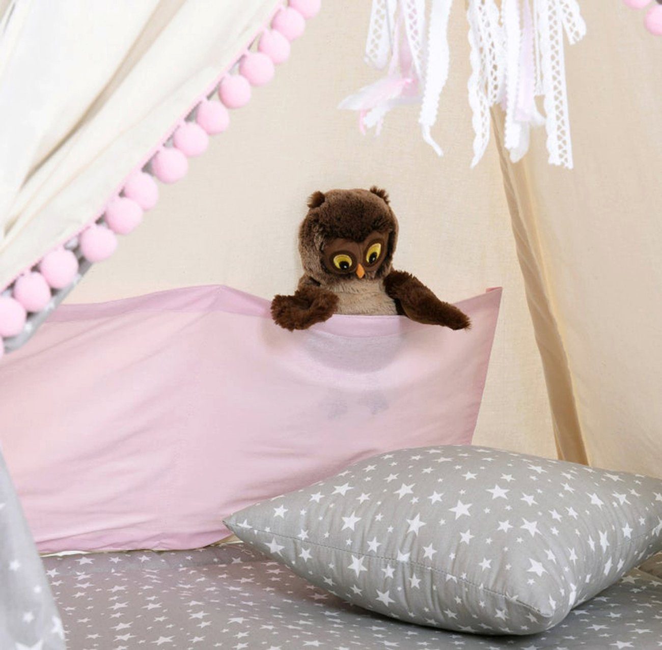 Rainbow Kids Tipi-Zelt Wolf Stern Rosa, Personen: 2 (mit Zubehör, 8 tlg., mit 4 Kissen, Matte, Spielzeugkorb und Wimpelkette)