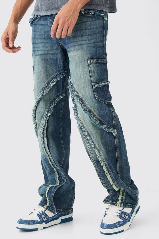 Lockere zerrissene Cargo-Jeans in Mittelblau