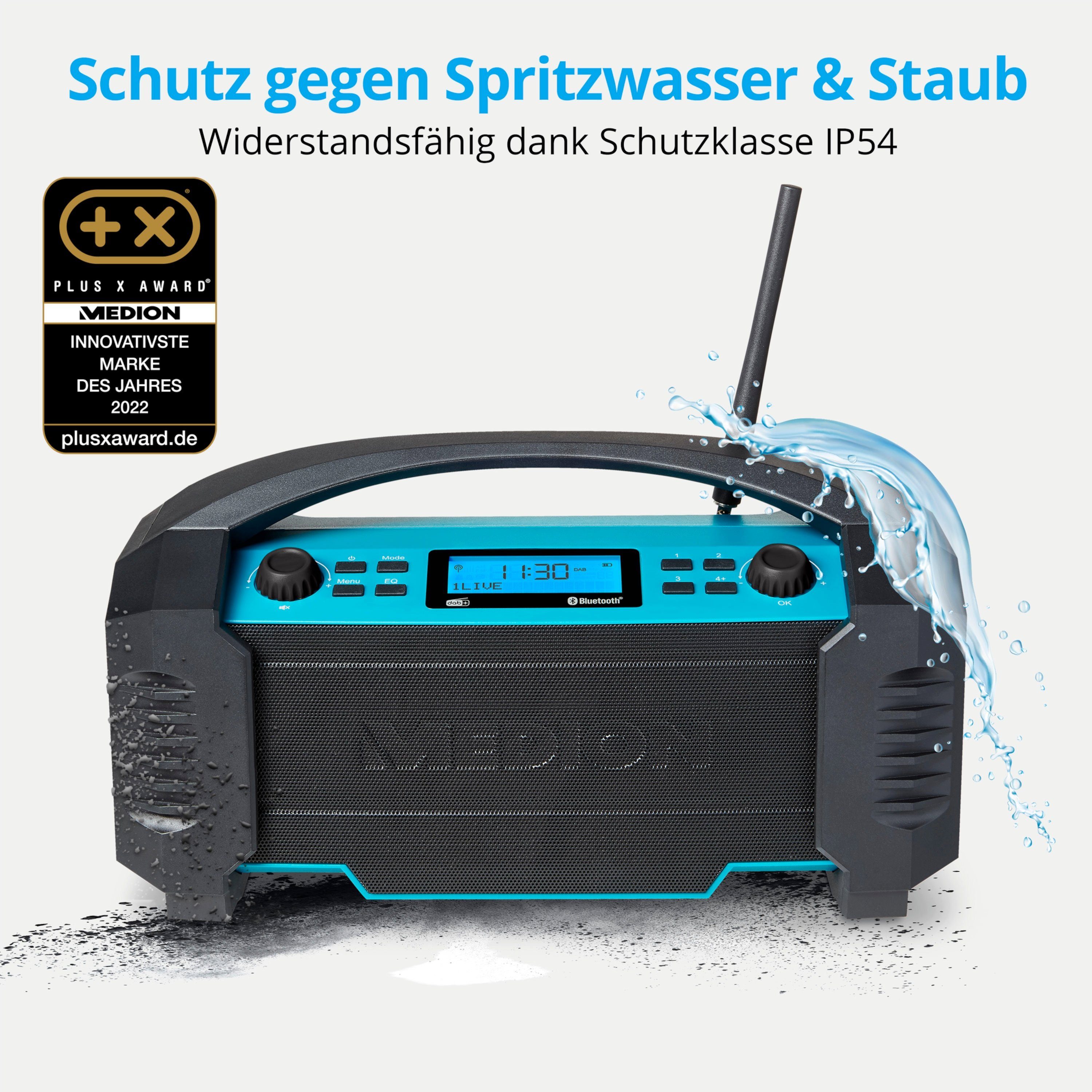 Medion® E66050 DAB+/PLL Bluetooth 5.0 Li-Ion Akku 15W RMS blau Baustellenradio (AM/FM, DAB+, MW/UKW, 15 W, MD43320)