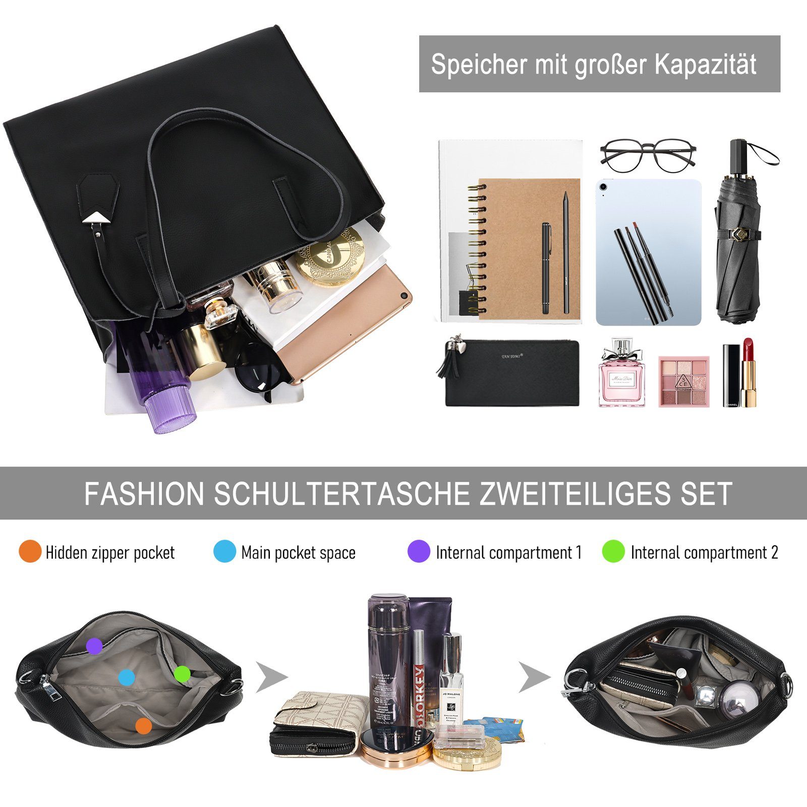 TAN.TOMI Shopper Damen Handtasche Klassisch Schultertasche Damen Tragetasche Groß (2-tlg), Groß Damen Handtasche, ​Geschenke für Frauen in schlichter Optik