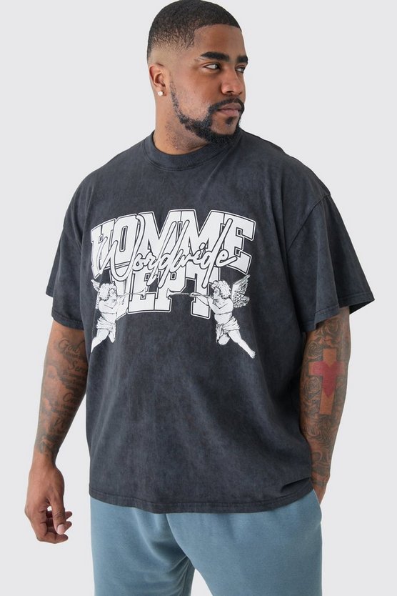 Plus Oversize T-Shirt mit Homme Dept Print und Acid-Waschung