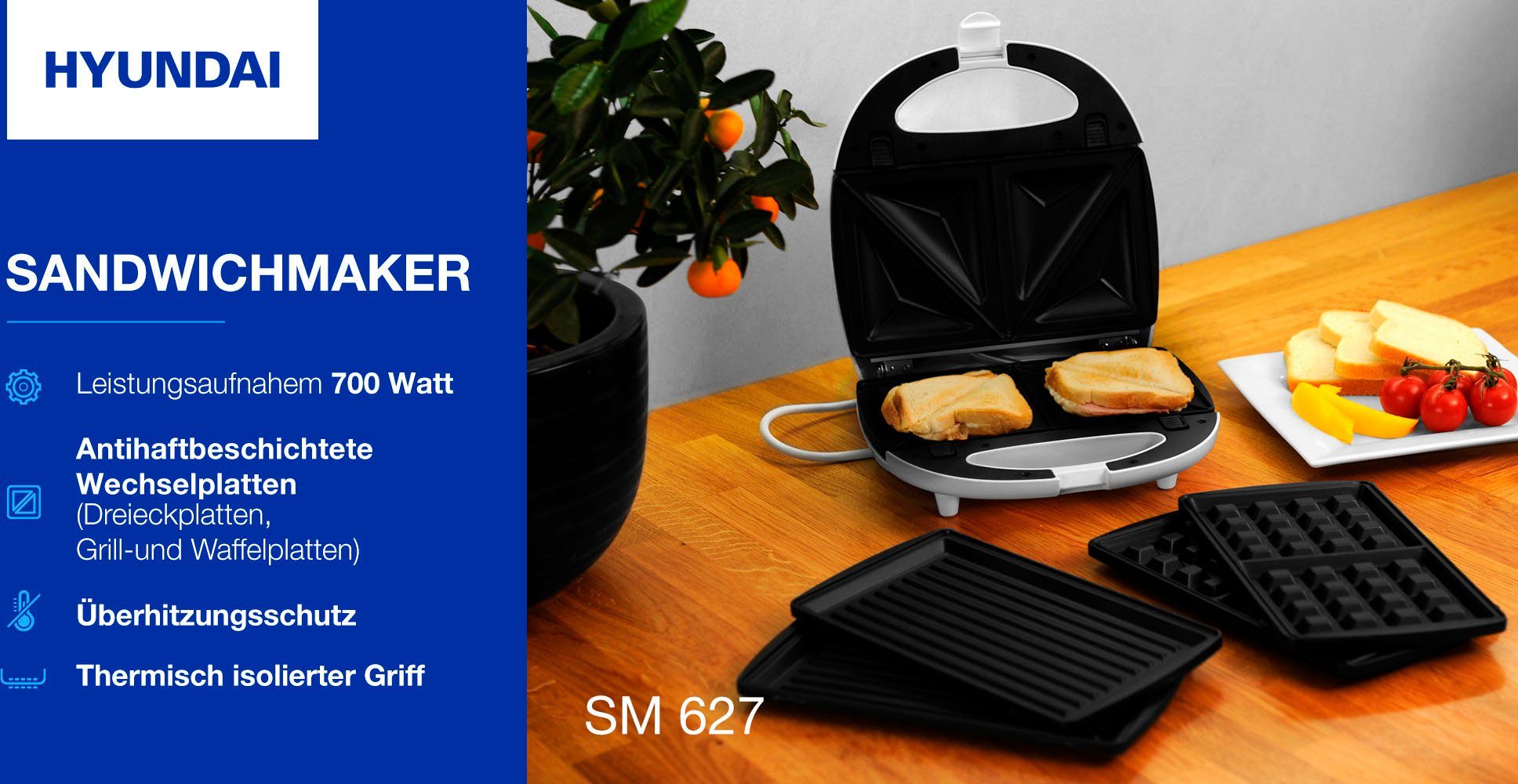 Hyundai 3-in-1-Sandwichmaker SM627, 700 W, austauschbare Sandwich/Waffel/Panini Platten, Lichtsignalisierung