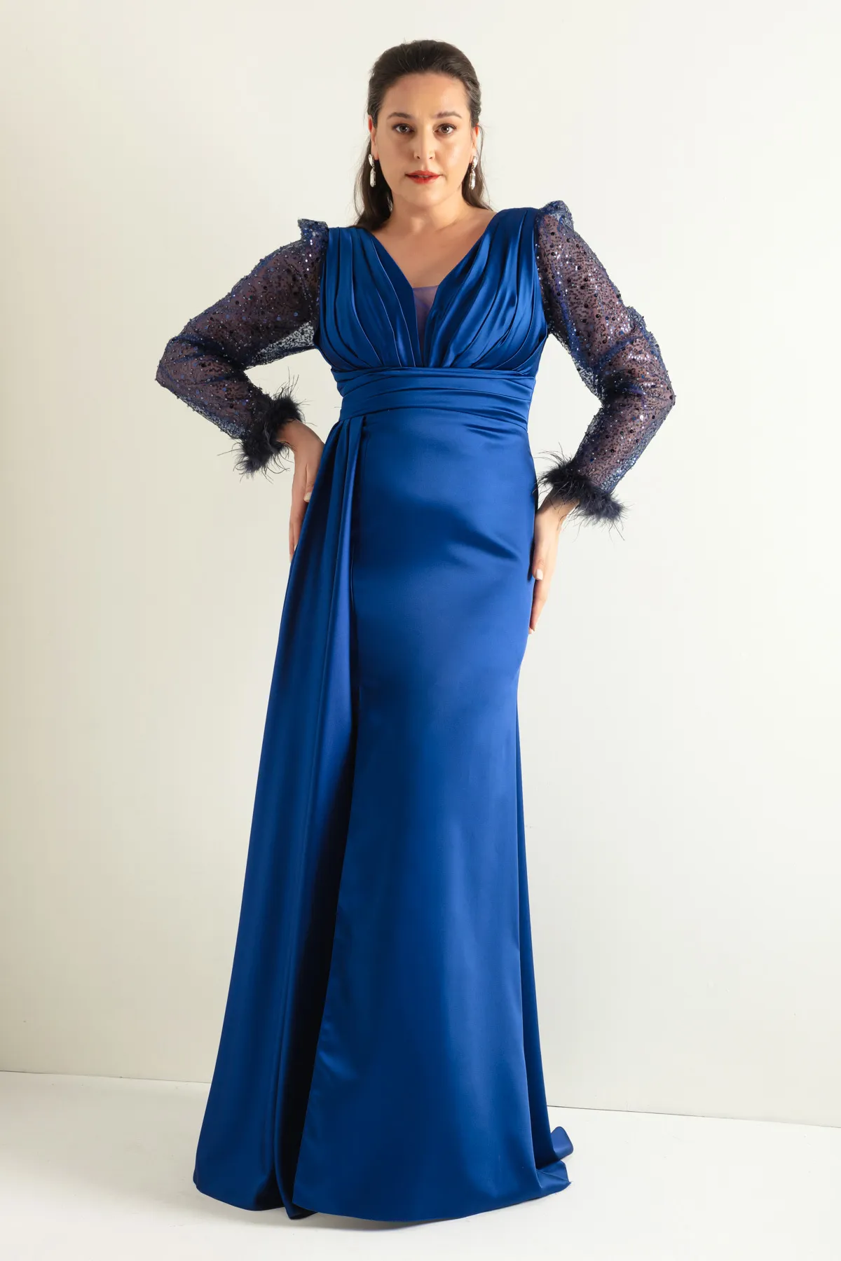 Lafaba  Saxe-Abendkleid für Damen mit V-Ausschnitt und steinernen Schlitzen, langes Abendkleid in Übergröße
