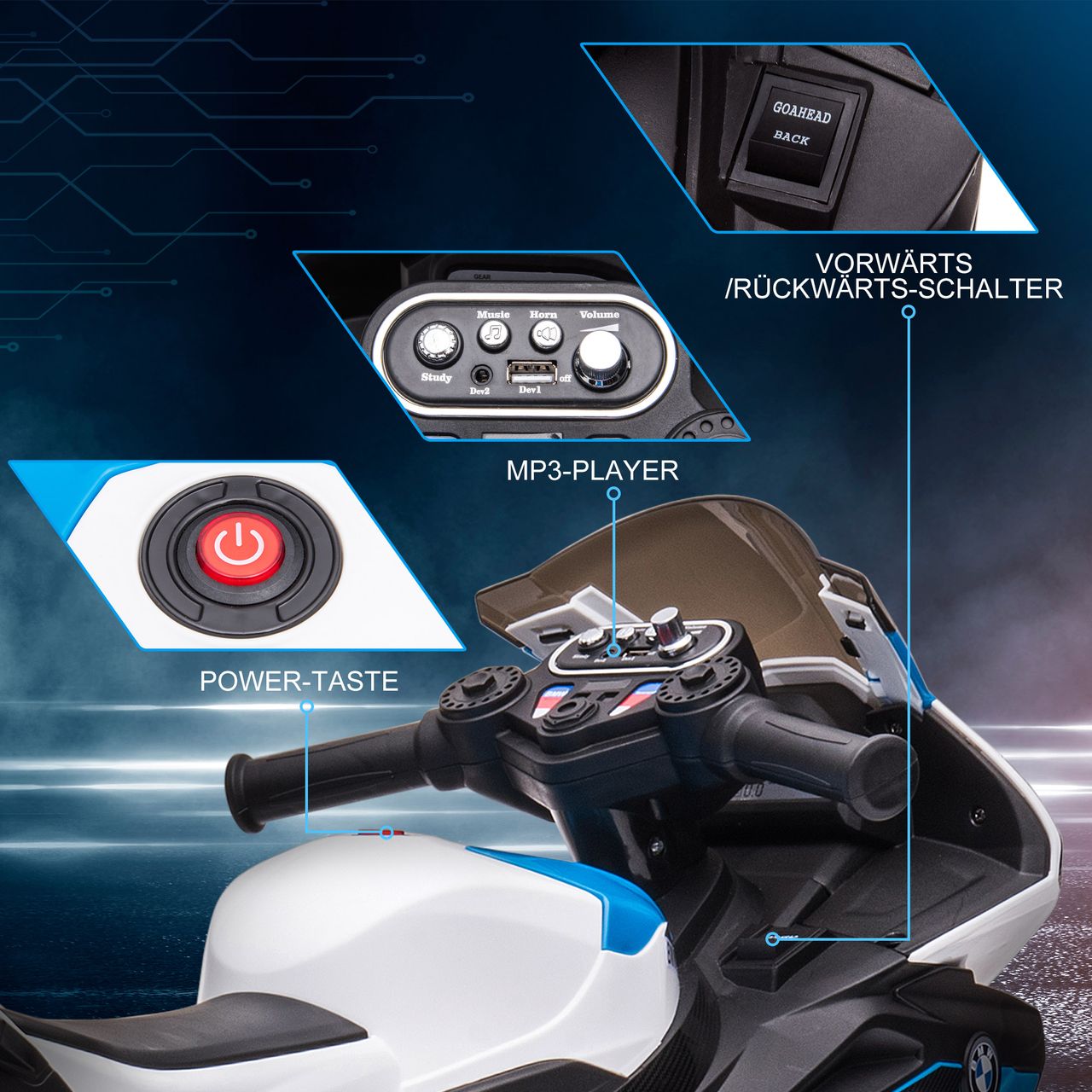 HOMCOM Kinder Elektro-Motorrad Kindermotorrad Elektro-Dreirad ab 18 Monaten Blau