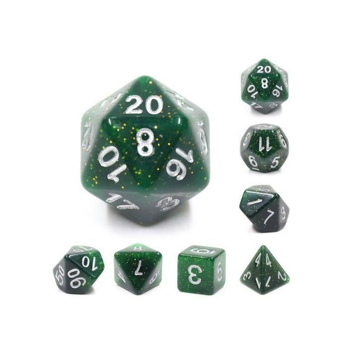 Green glitter dice set