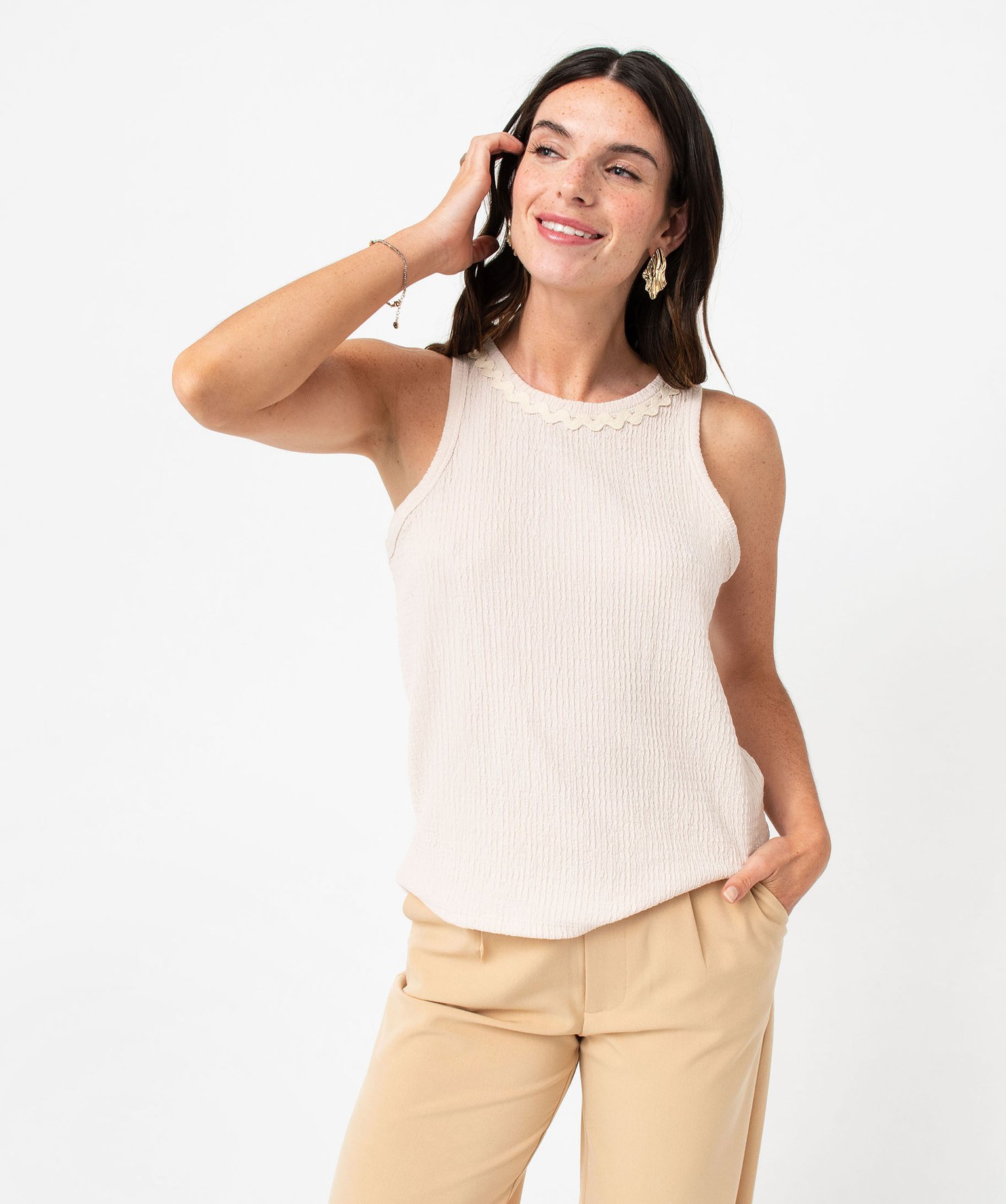 Débardeur en maille extensible texturée femme ecru | GEMO