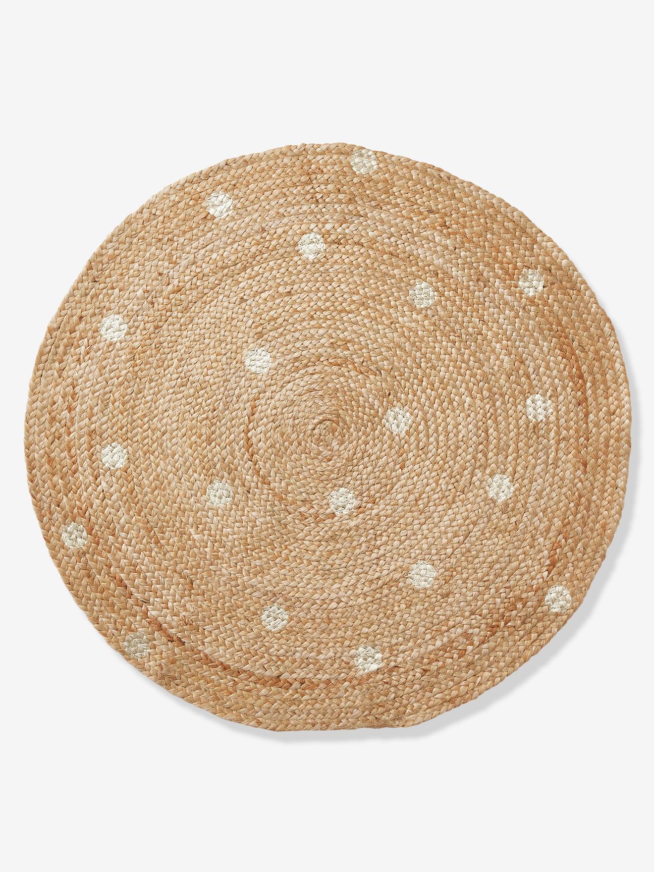 Tapis jute à pois dorés beige clair uni avec decor