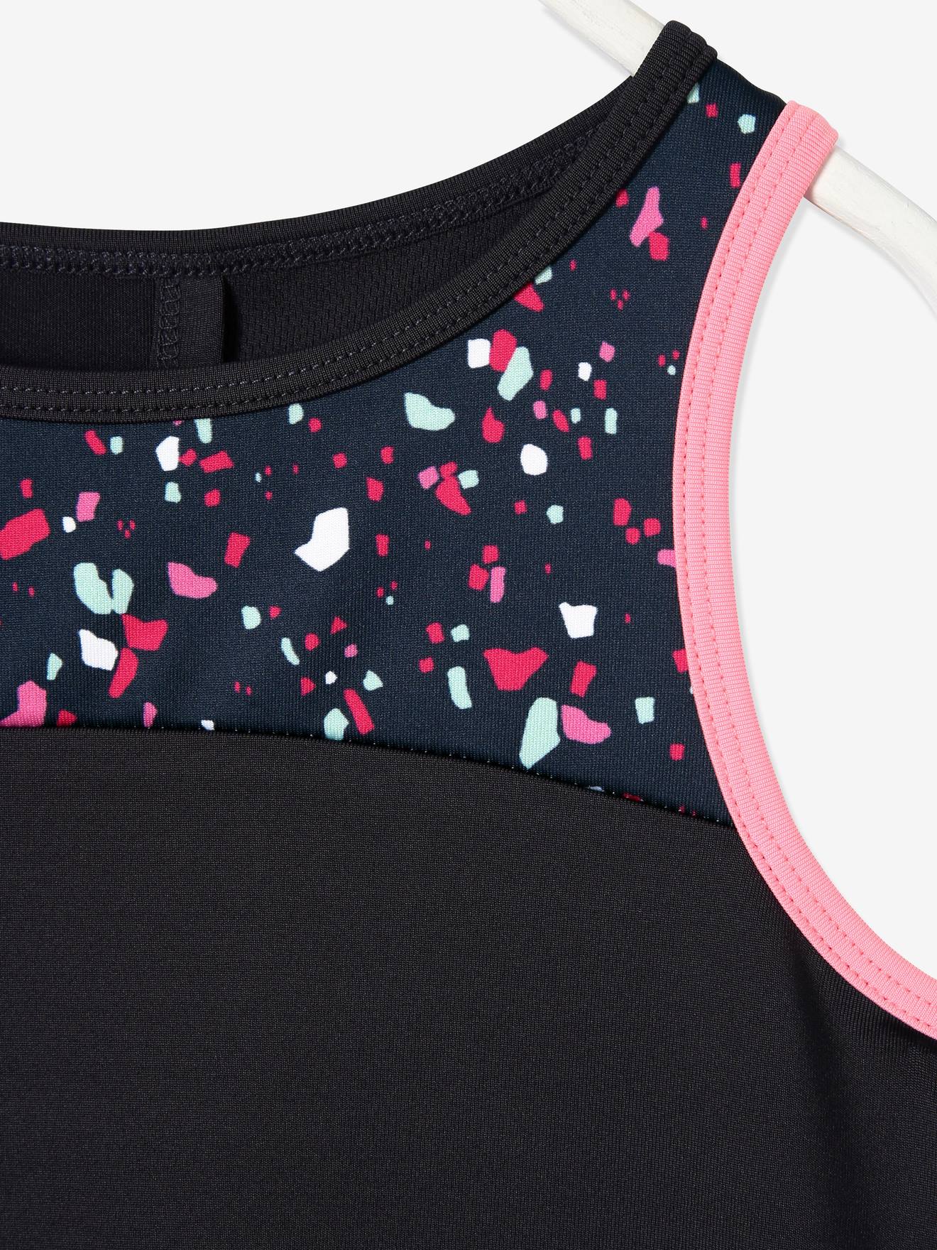 Débardeur de sport fille effet 2 en 1 anthracite imprimé