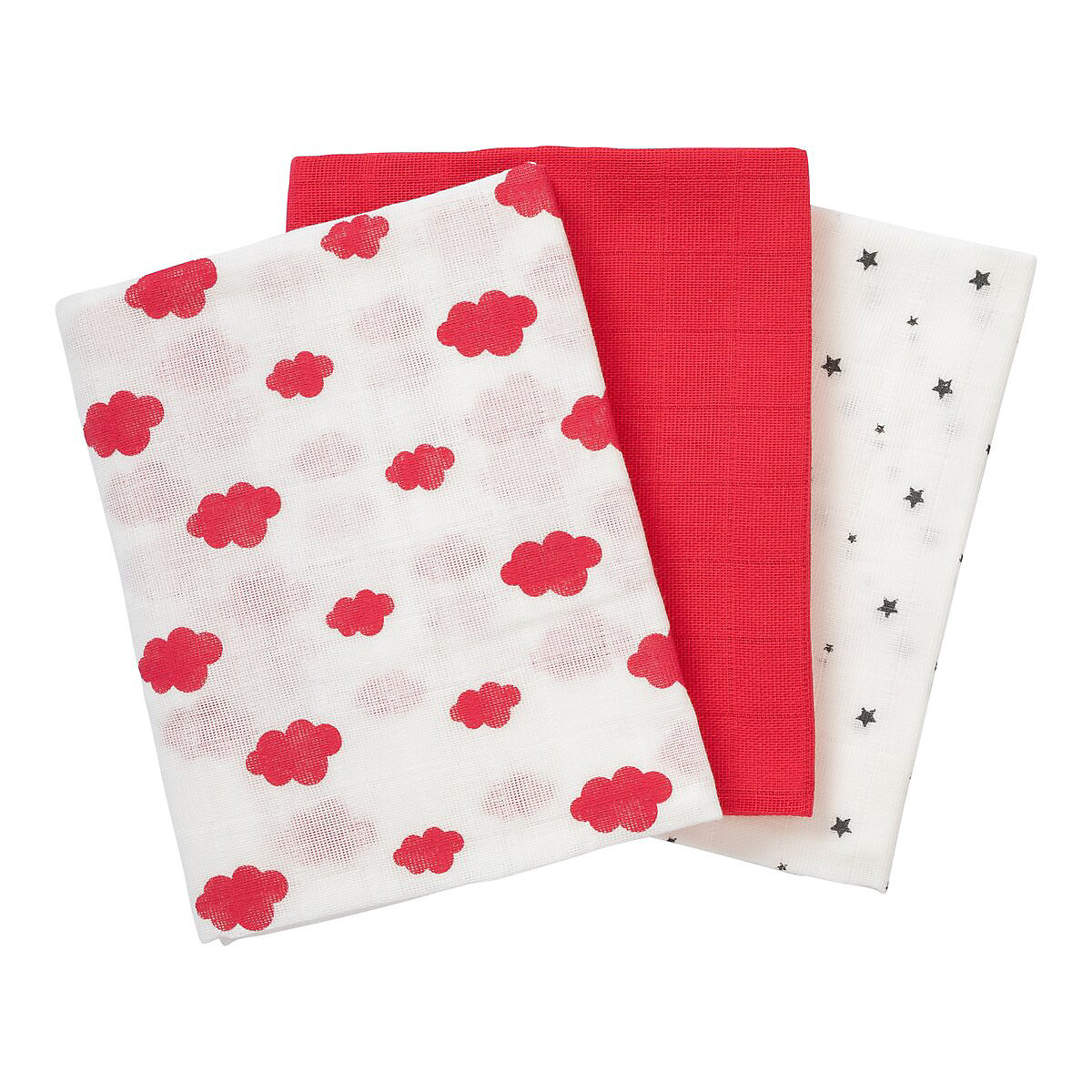 3er-Pack Mullwindeln 80x80 cm Wolken und Sterne