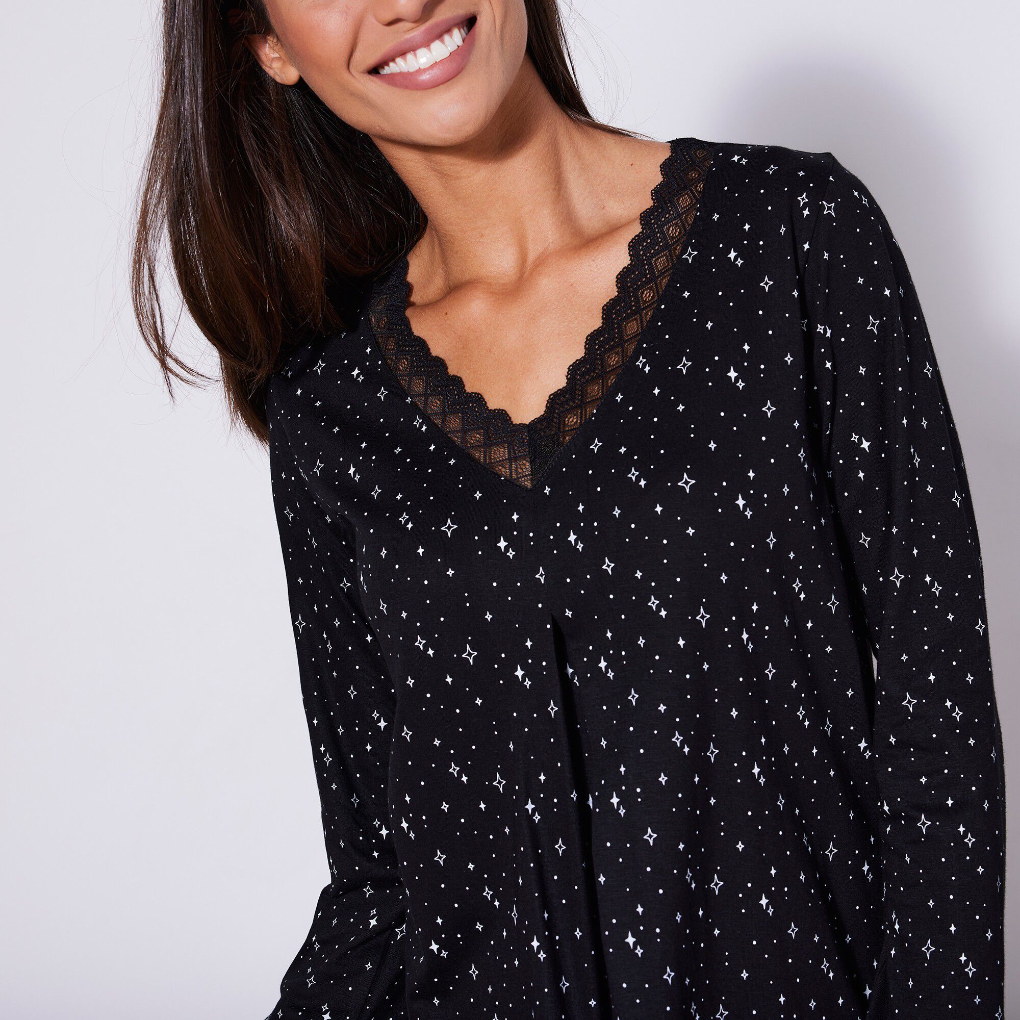 Pyjama legging manches longues finitions dentelle