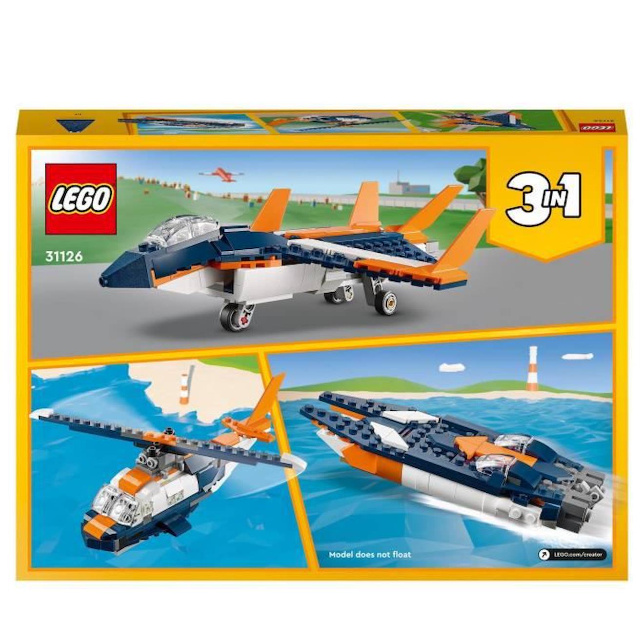 LEGO® Creator 31126 L’Avion Supersonique, Jouet 3 en 1 Hélicoptère Bateau Avion bleu