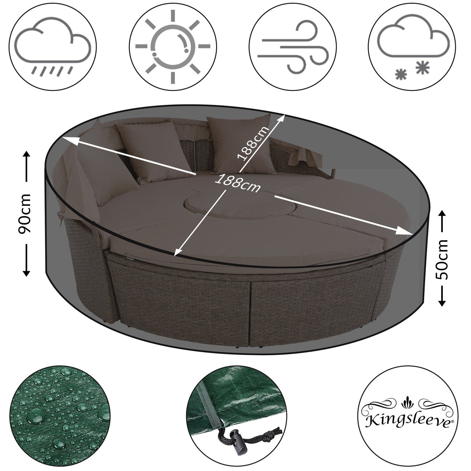 Kingsleeve Gartenmöbel-Schutzhülle (1-St), Sonneninsel Wasserabweisend 188x90-50cm Rund PE Schutzhülle Plane