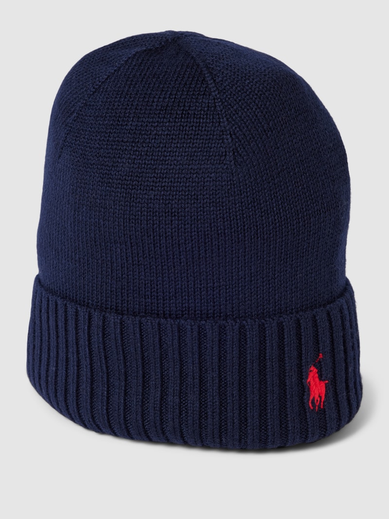 Beanie aus Wolle mit Label-Stitching in marineblau