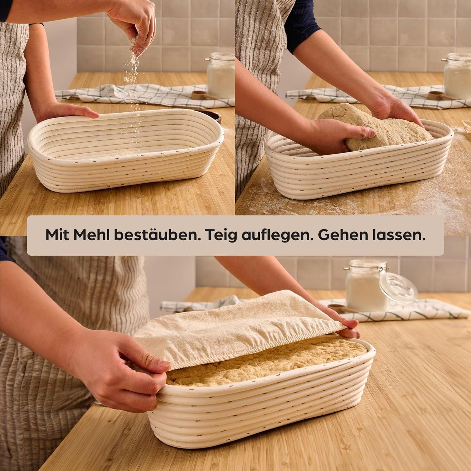 Praknu Gärkorb Für Brot Oval länglich 35 cm - Gärkörbchen für Brotteig zum Brotbacken, Aus nachhaltigem Rattan - Geruchsneutral - Mit Backutensilien
