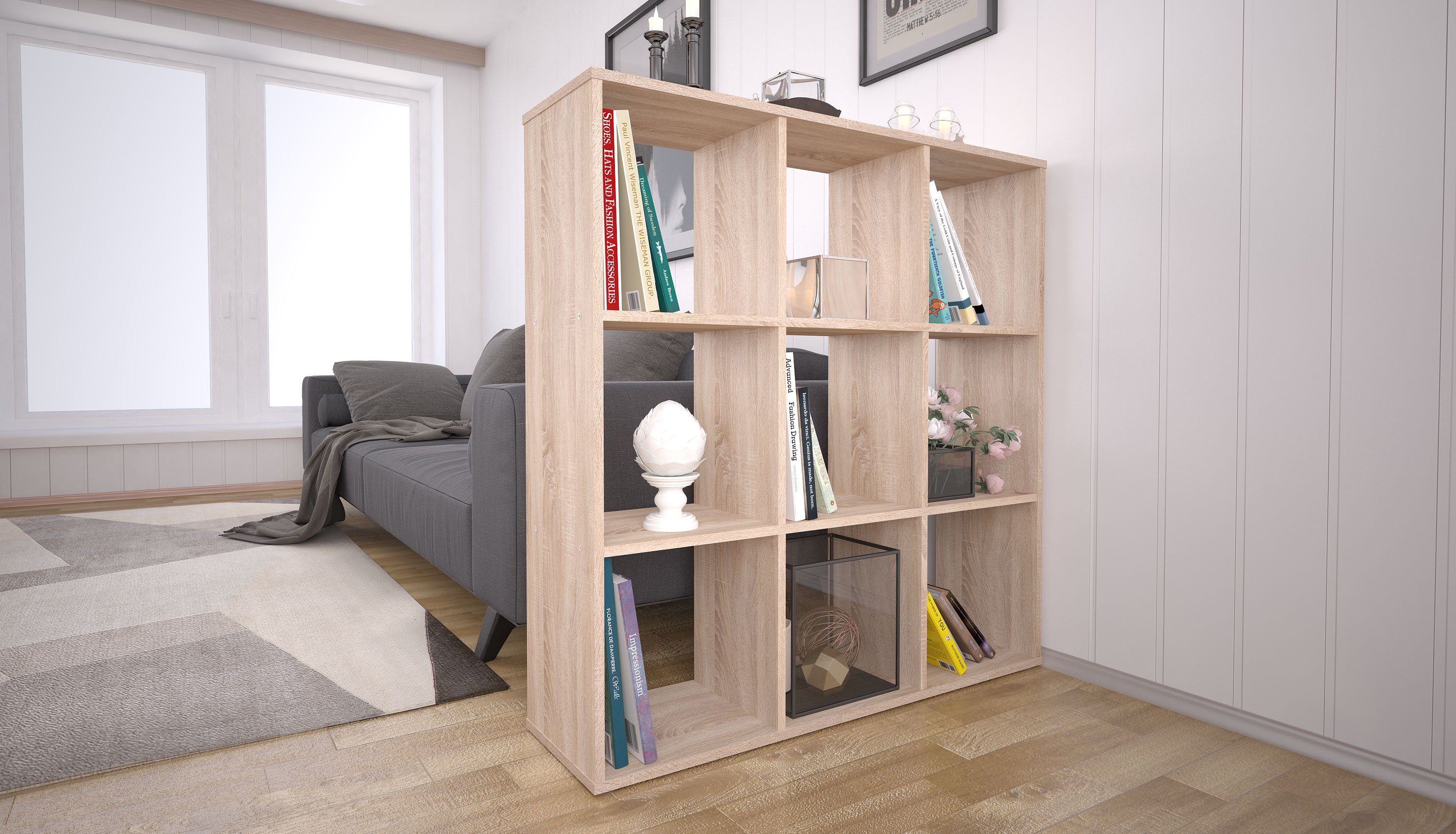 Polini Home Raumteilerregal Polini Home Raumteiler Bücherregal Regal Eiche-Optik 9 Fächer