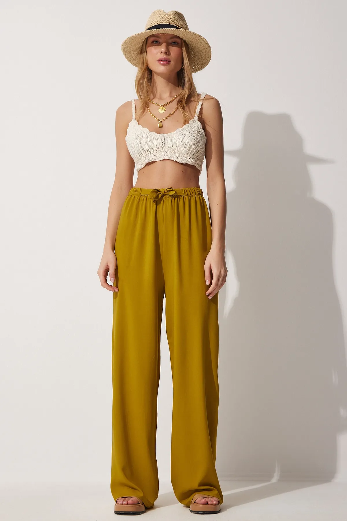 Happiness İstanbul  Ölgrüne Palazzo-Viskosehose für Damen BH00322