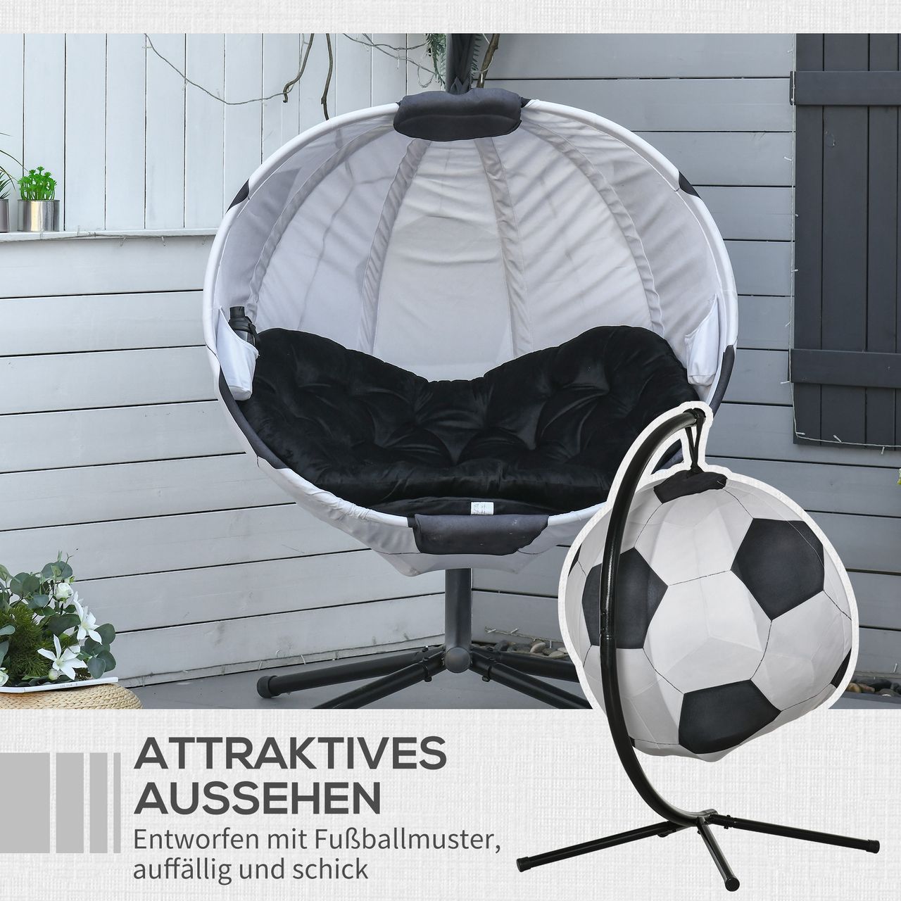 Outsunny Hängesessel Hängekorb mit Gestell Fußballdesign Hängeschaukel Hängestuhl mit Kissen Korb faltbar Stahl