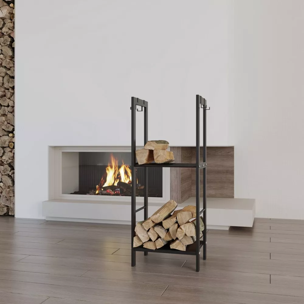 Never Outdoor modernes Kaminholzregal mit 2 Ablagen & 4 Haken für Kaminbesteck schwarz