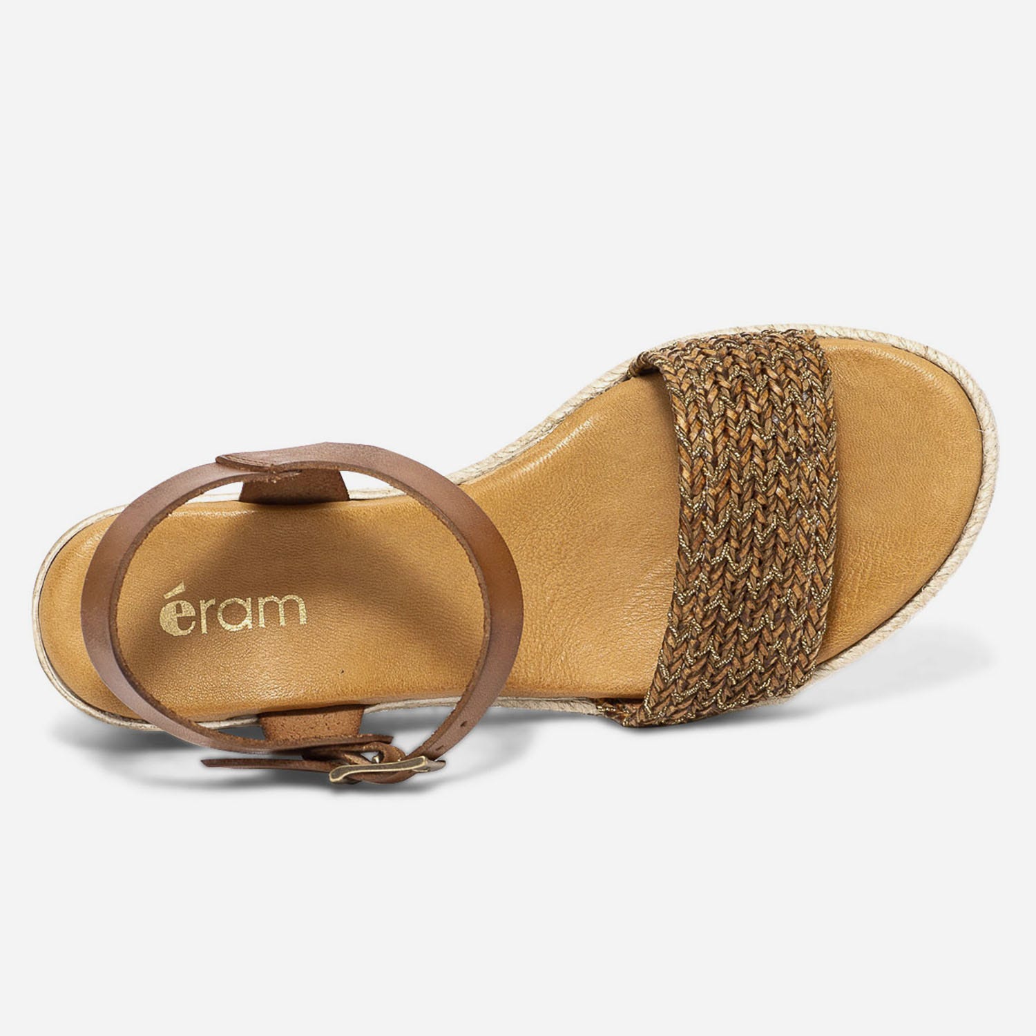 Sandale cognac en cuir avec bride tressée