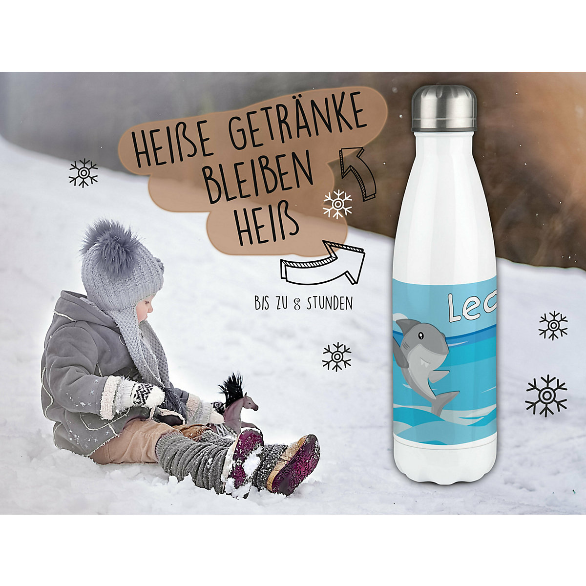Edelstahl Kinder Thermoflasche / Trinkflasche bunt Hai Spülmaschinenfest, Auslaufsicher, Bruchfest, Doppelwandig, Für Heißgetränke geeignet, Mit Deckel, Isoliert