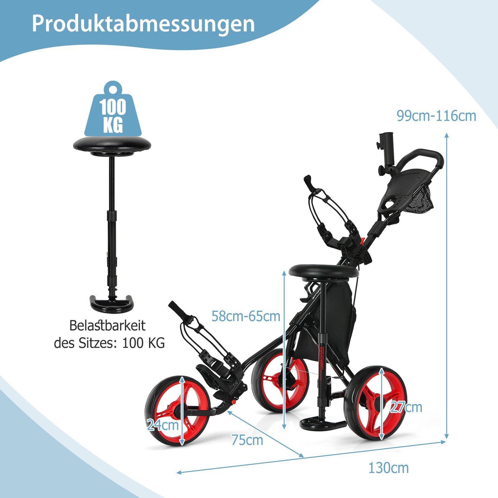 COSTWAY Golftrolley 3-Rad, mit Getränkehalter, Bremse, verstellbar