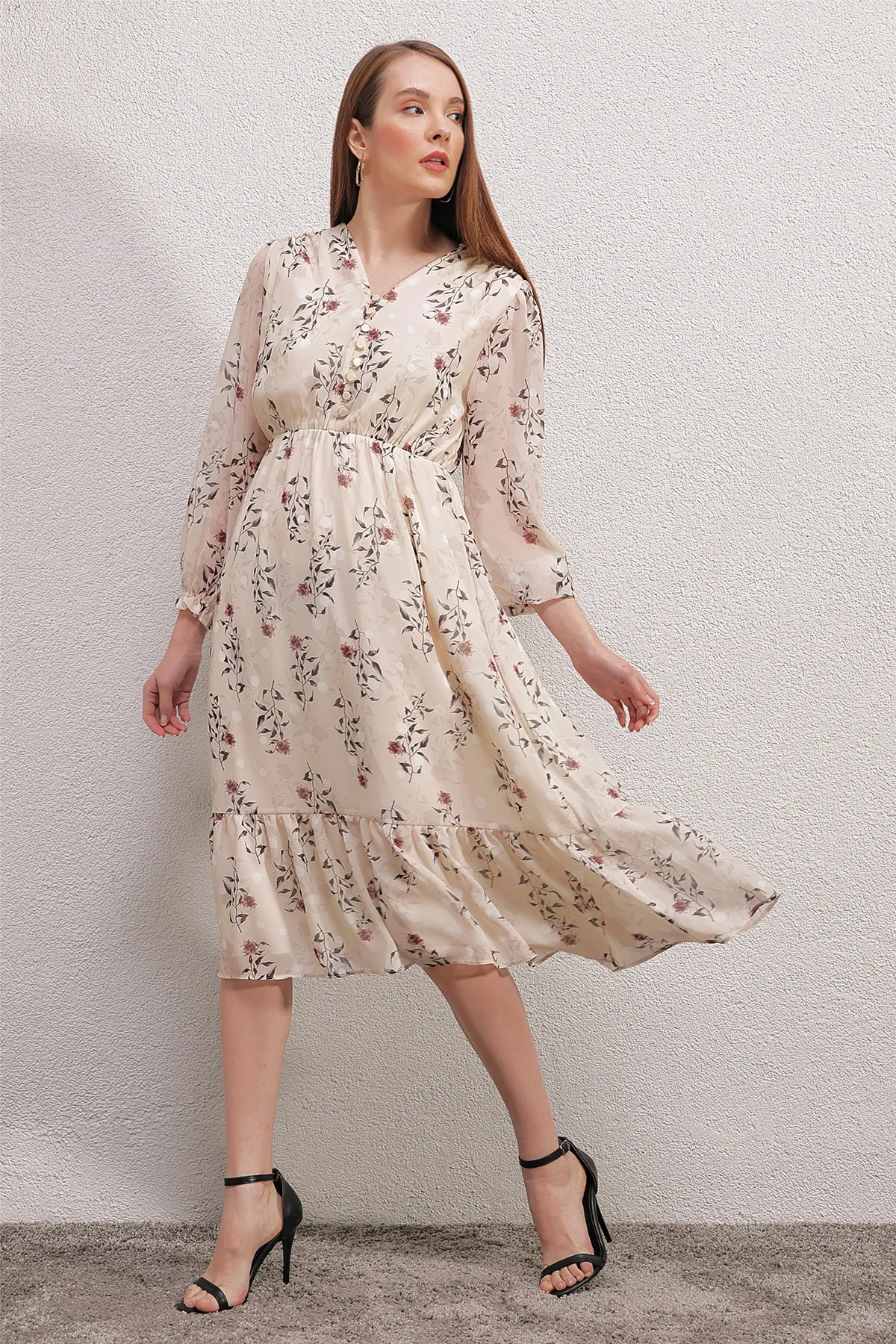Bigdart  2137 Gemustertes Chiffonkleid – Creme
