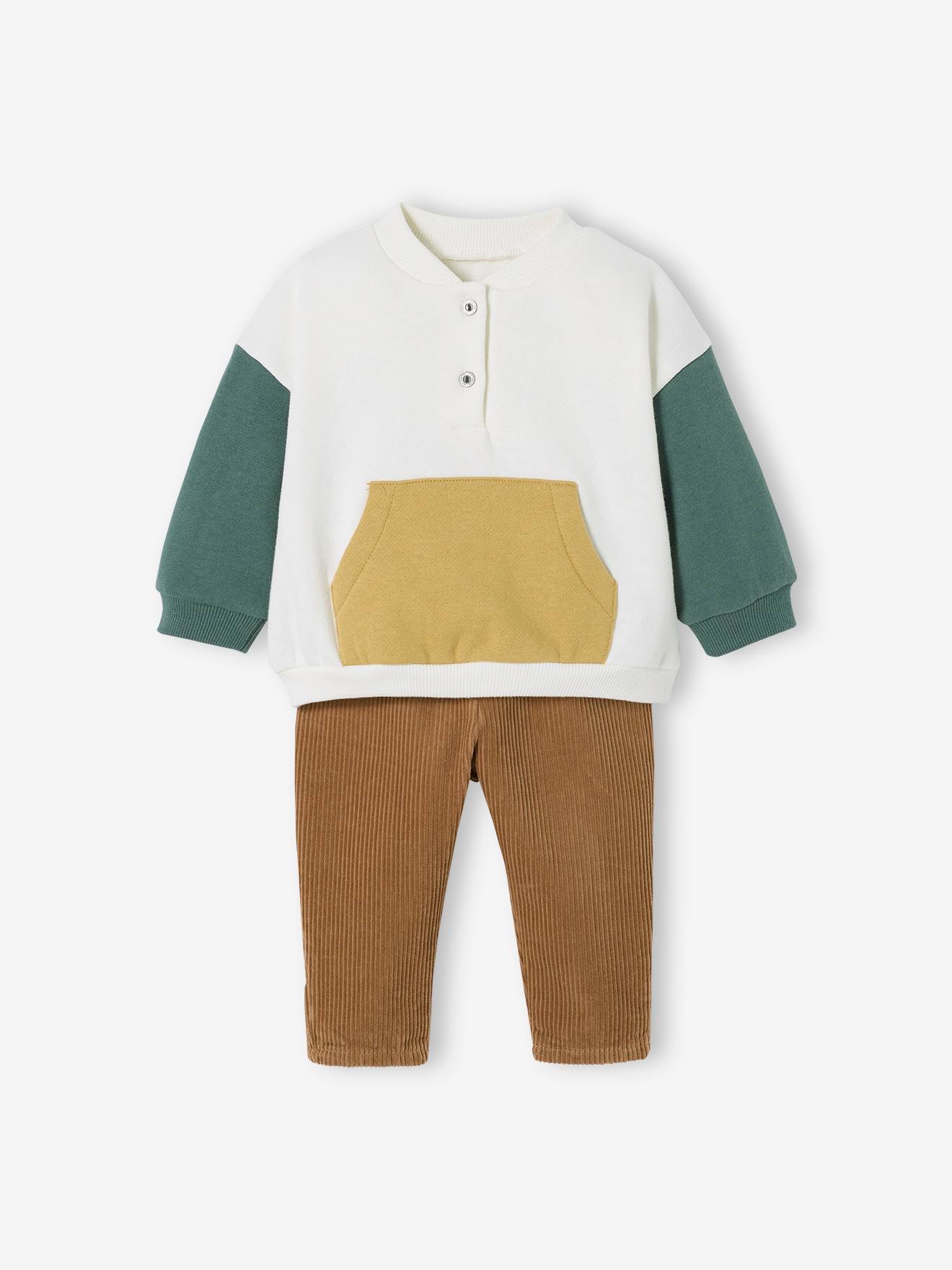 Ensemble bébé sweat en molleton + pantalon en velours ivoire