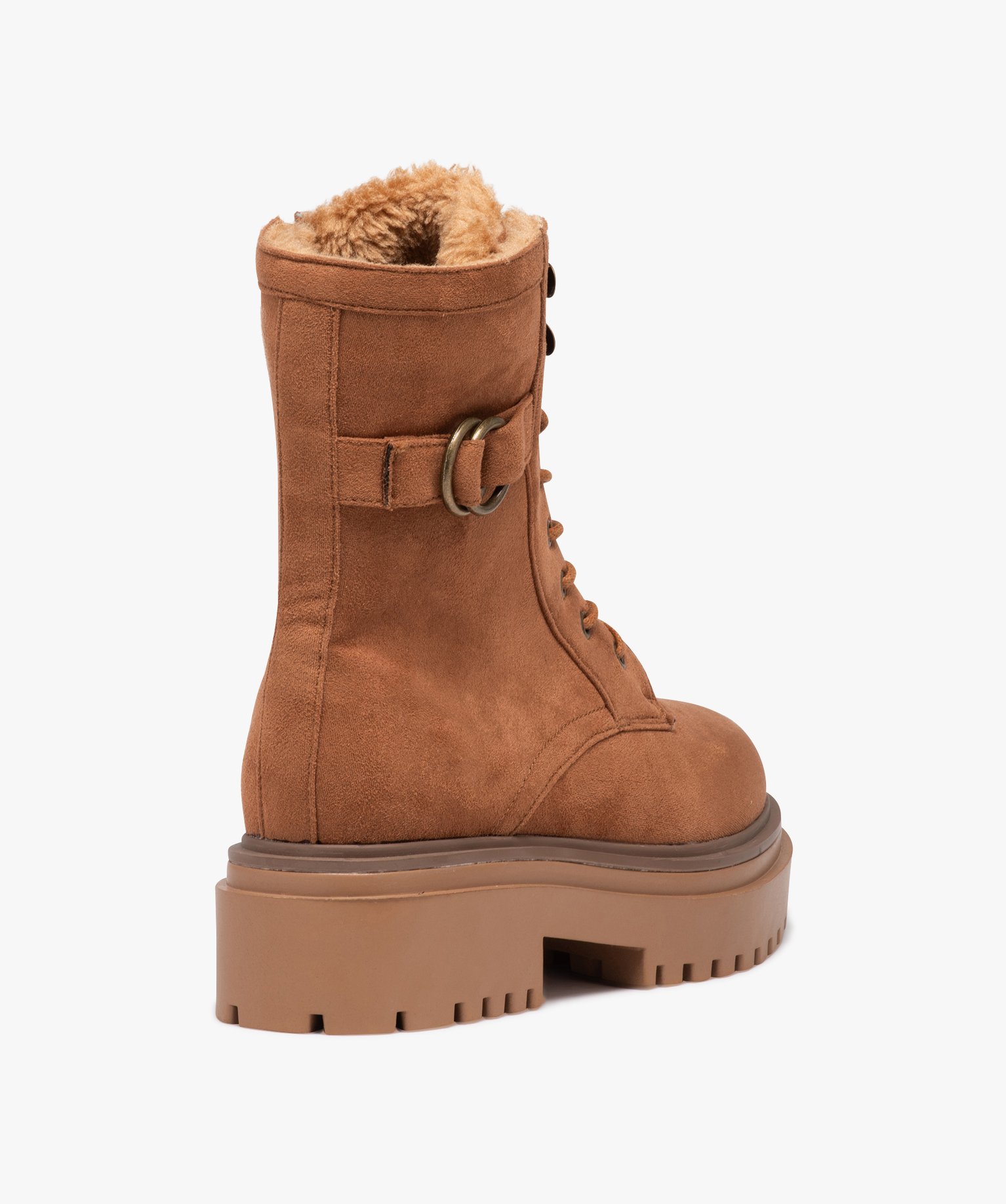 Boots fourrées femme unies en suédine à talon large et à... camel | GEMO